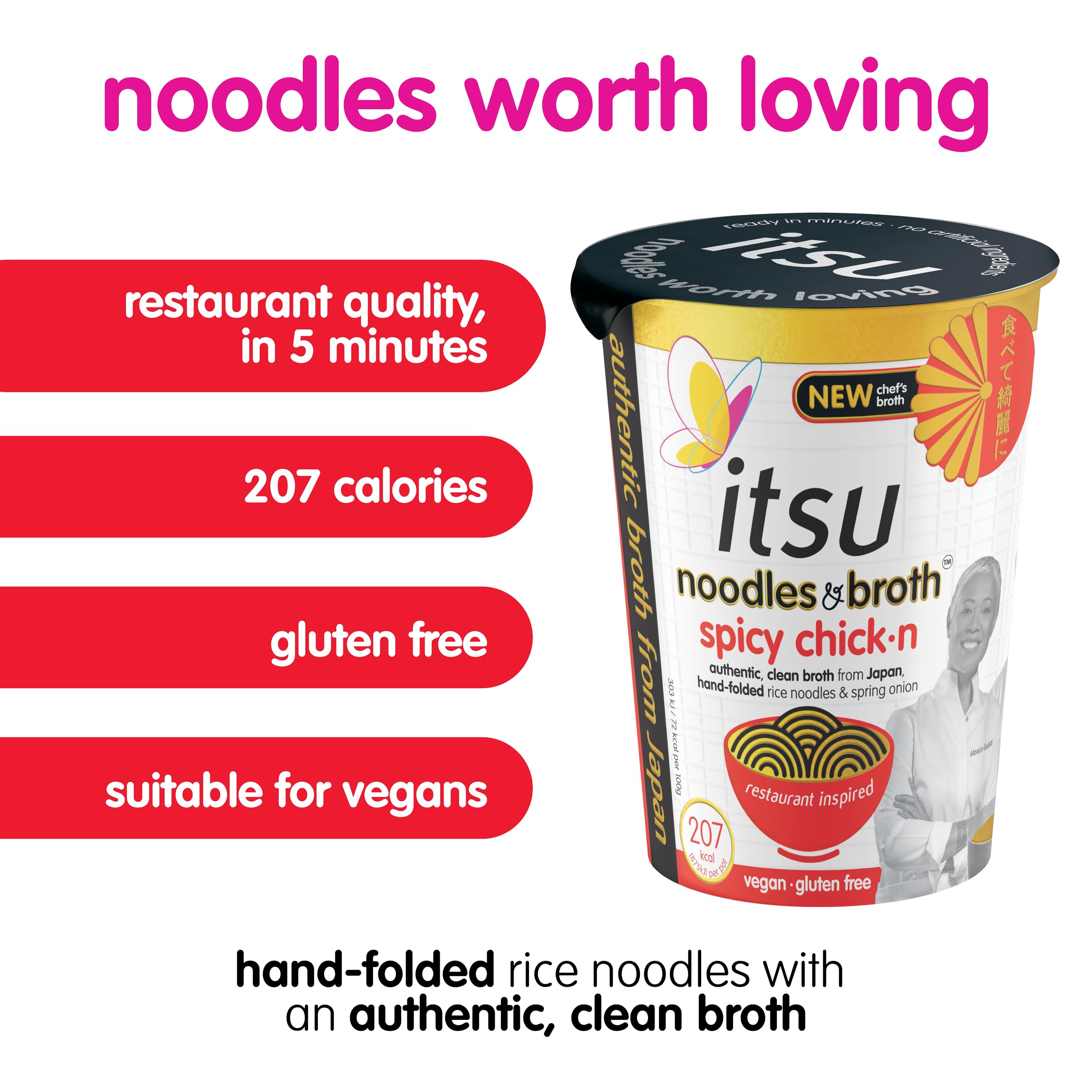 Itsu Spicy Chicken Instantnudeln &amp; Brühe Topf 64 g – 6er-Pack | Glutenfrei | Vegan | Schnelle 5-Minuten-Mahlzeit 3