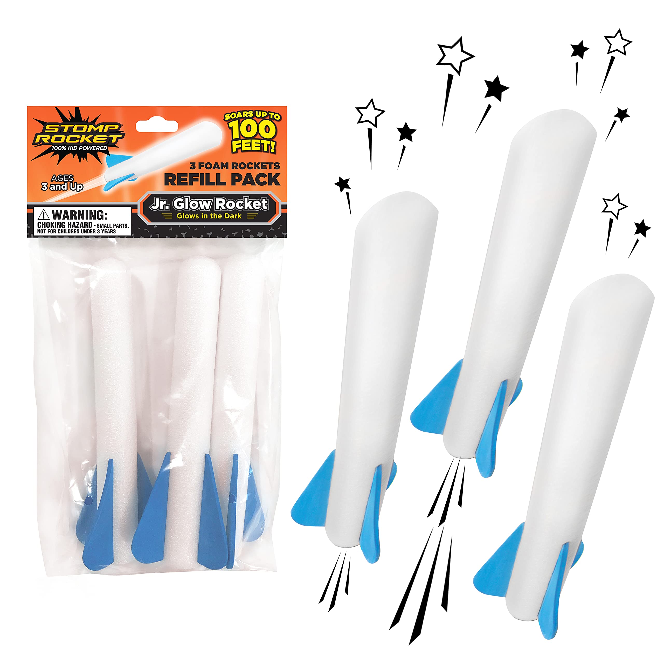 Stomp Rocket Jr. Glow Refill Pack - 3 Foam Rockets for Outdoor Active Play - Ages 3+