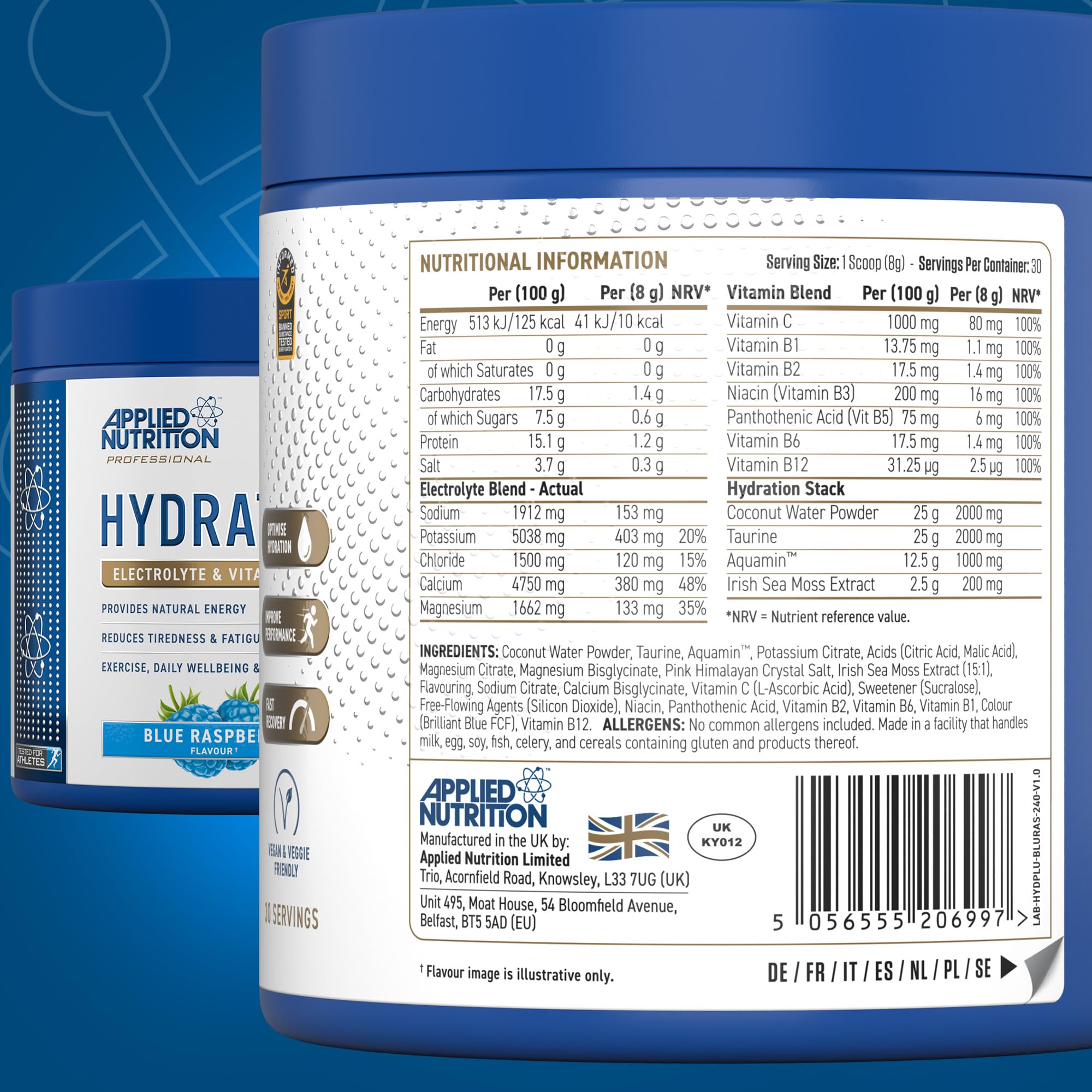Applied Nutrition Hydration+ Electrolytes & Vitamin Powder Sugar-Free | 240g | Adult Sports Mix 6