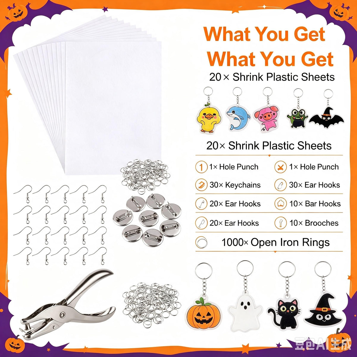 ASTARON Shrink Plastic Sheets Kit - 181 Pieces | Includes Keychains, Ear Hooks, Brooches | Heat Shrinking Film Paper