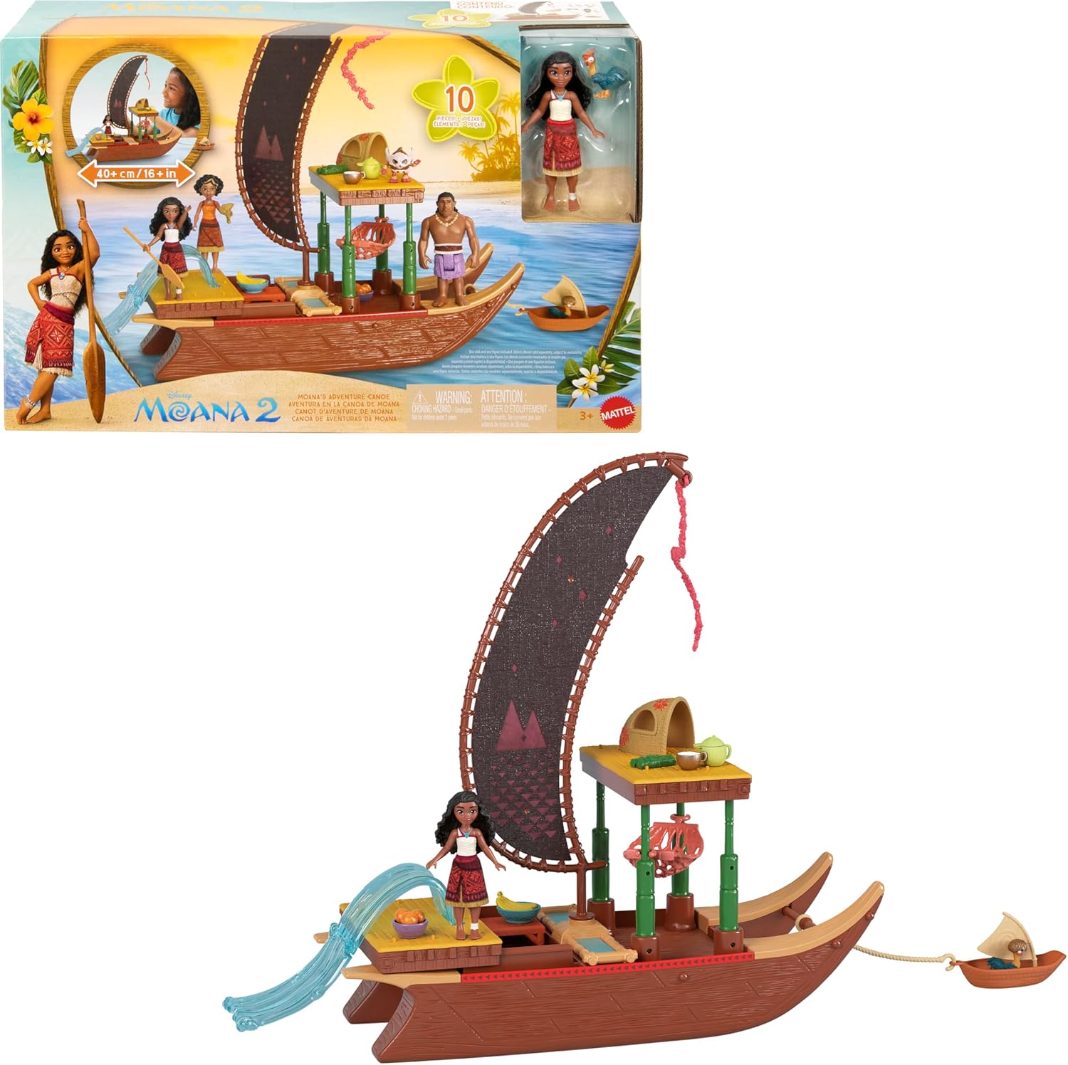Mattel Disney Moana 2 Adventure Canoe Playset with Floating Canoe, Moana Doll & Heihei - 13-Piece Set for Ages 3+