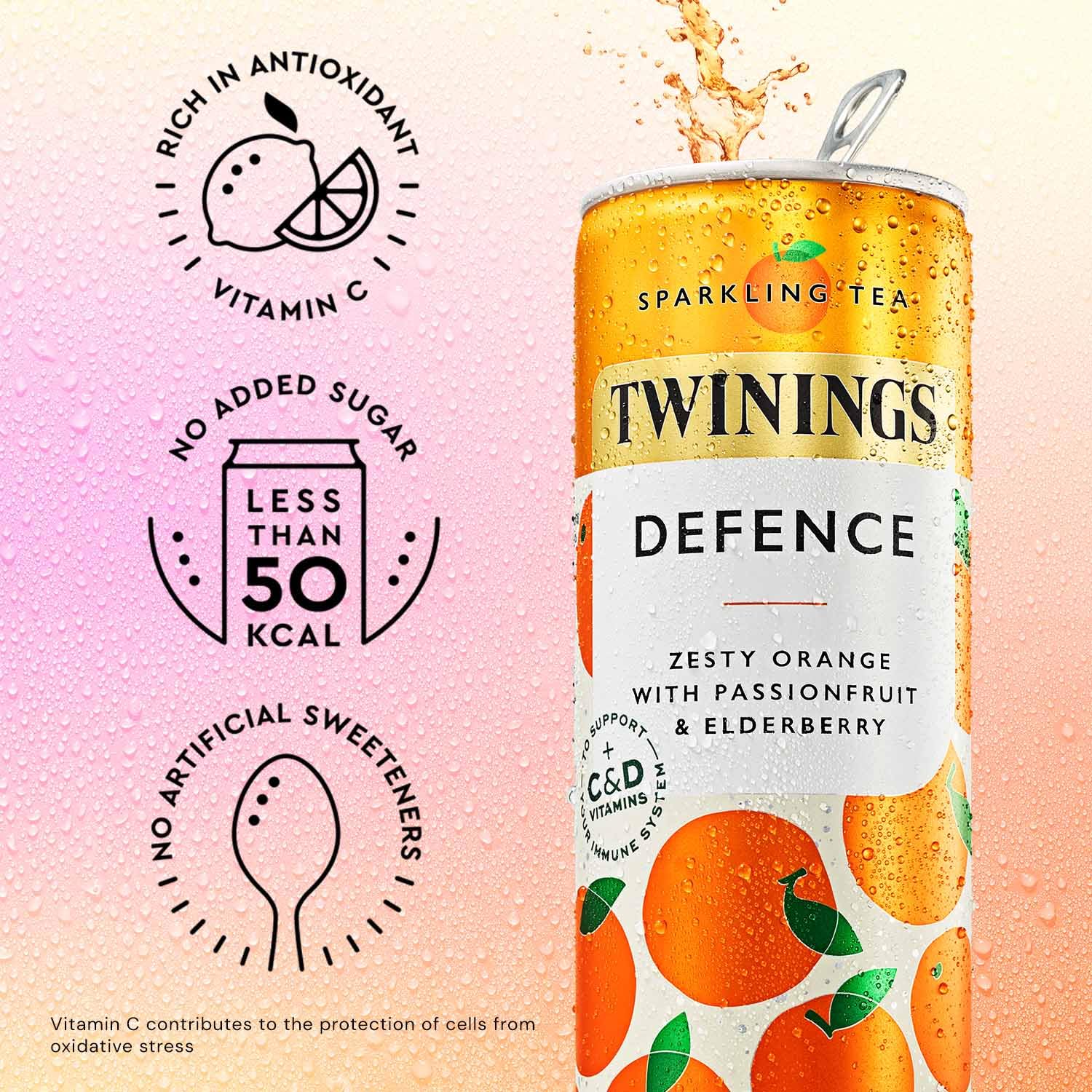 Twinings Defence Orange & Passionfruit Sparkling Tea - 4 x 250ml Cans | Low Calorie, No Added Sugar 3