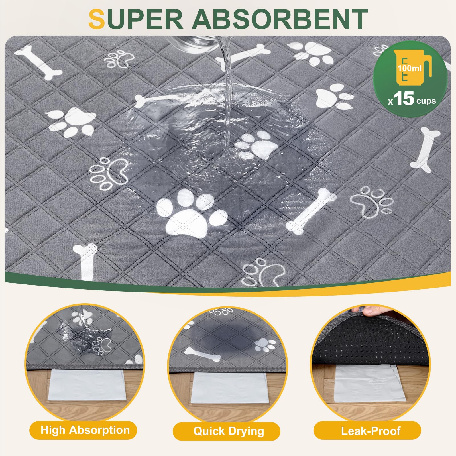 Gimars Reusable Training Pads - 4-Layer Absorbent, Washable, Anti-Slip | 2 Pack, Grey