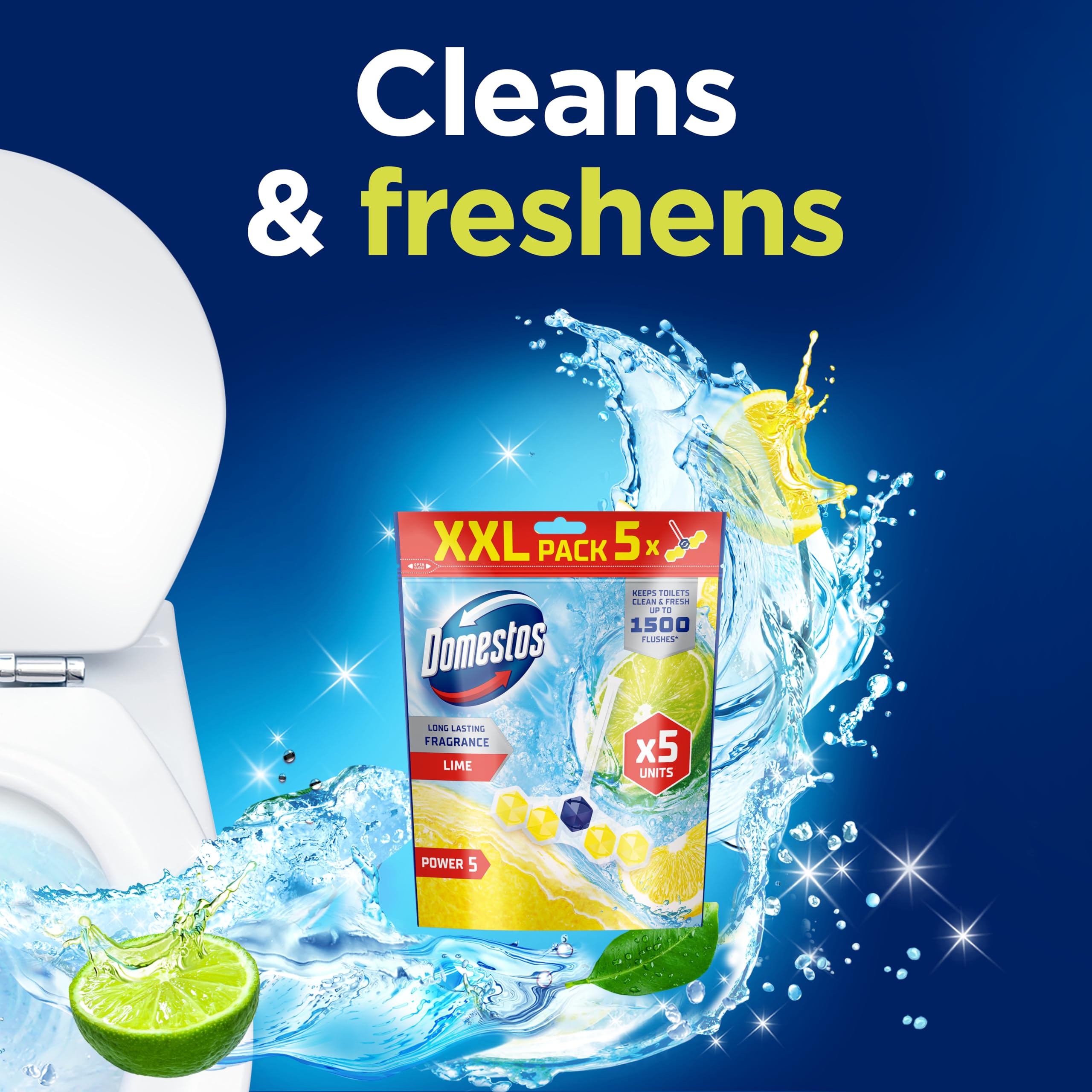 Domestos Power 5 Lime WC-Stein – Langanhaltender Toiletten-Erfrischer für bis zu 300 Spülungen