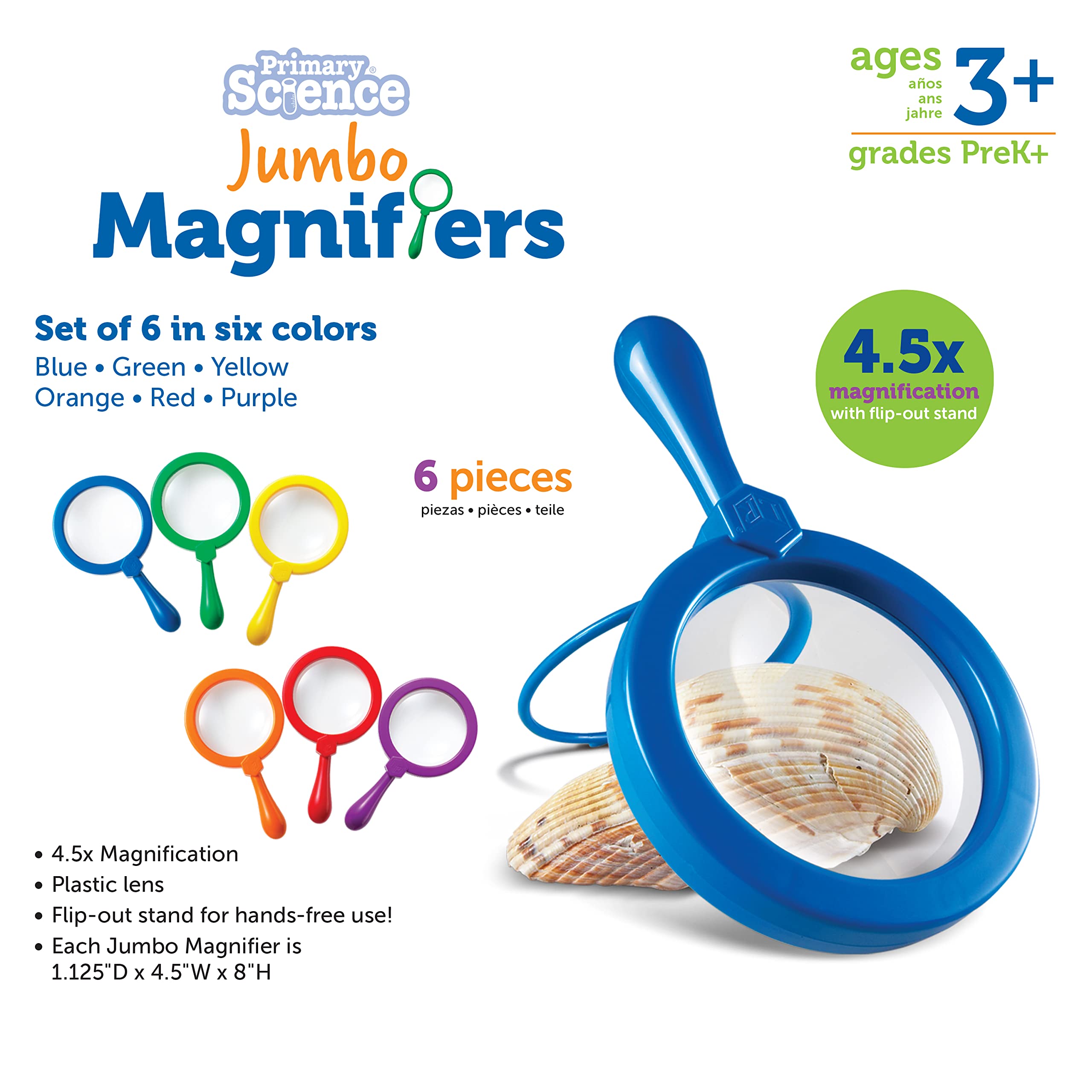 Learning Resources Jumbo Magnifiers - 4.5x Magnification Set of 6 for Kids 12