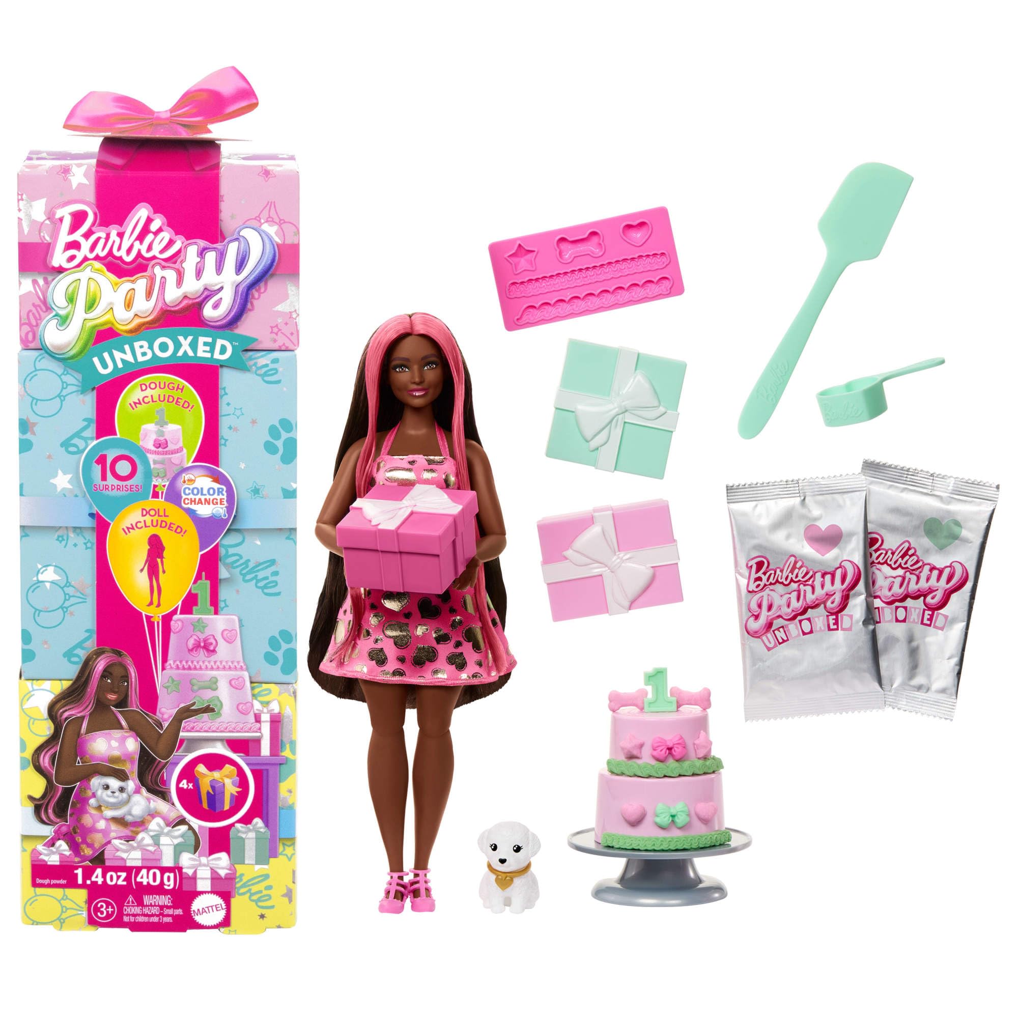 Barbie Party Unboxed Doll & Accessories - Pet Birthday Series Shimmerin' Hearts, 15-Piece Playset for Kids