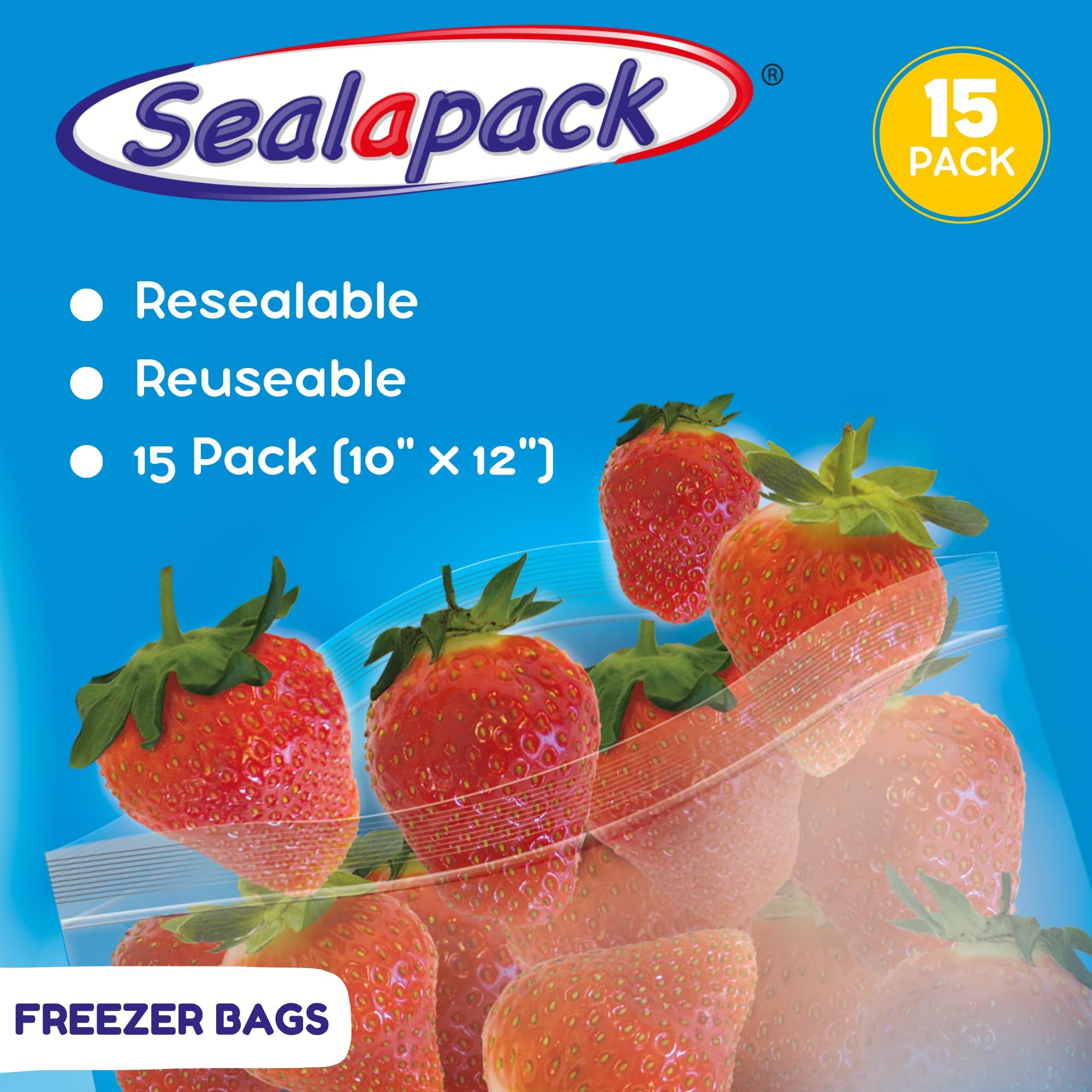 Sealapack Extra Large Reusable Freezer Bags - 10" x 12" Resealable Food Storage Bags (Pack of 15)