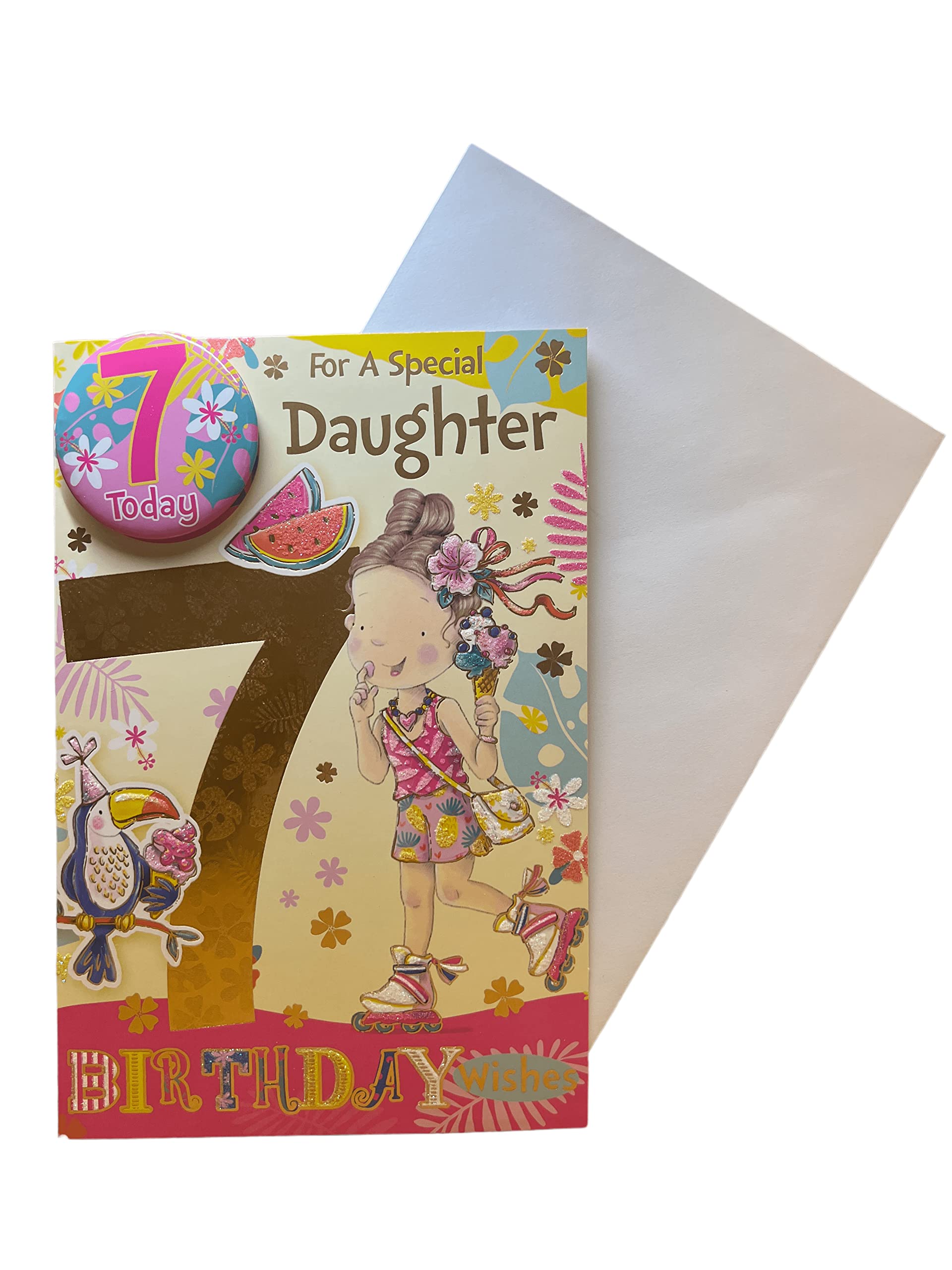 Xpress Yourself Daughter Age 7 Birthday Greeting Card | Includes Badge & Envelope | 22.8 x 15.3 cm