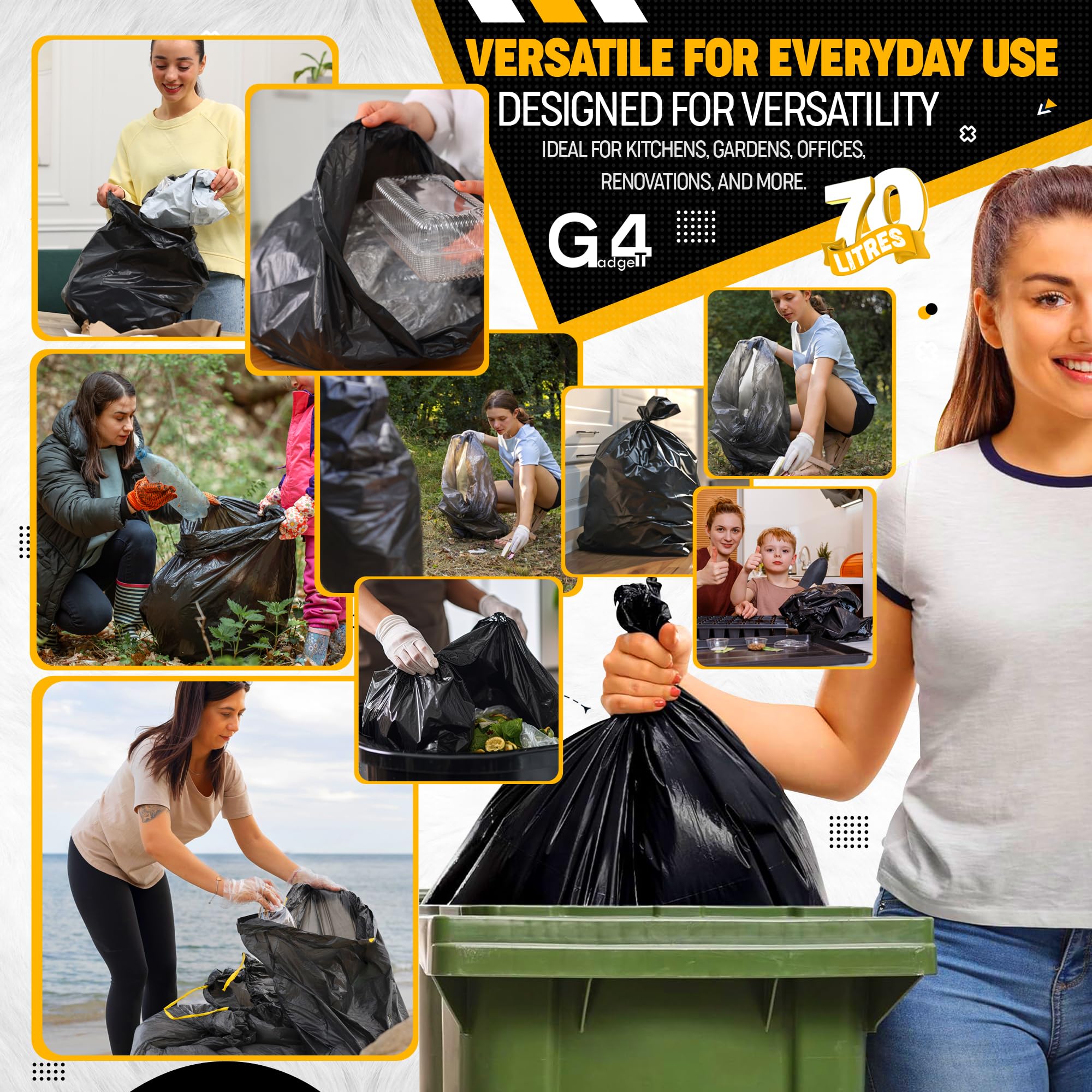G4GADGET 70L Black Bin Bags (50 Bags) – Heavy-Duty Refuse Sacks for Home & Commercial Use