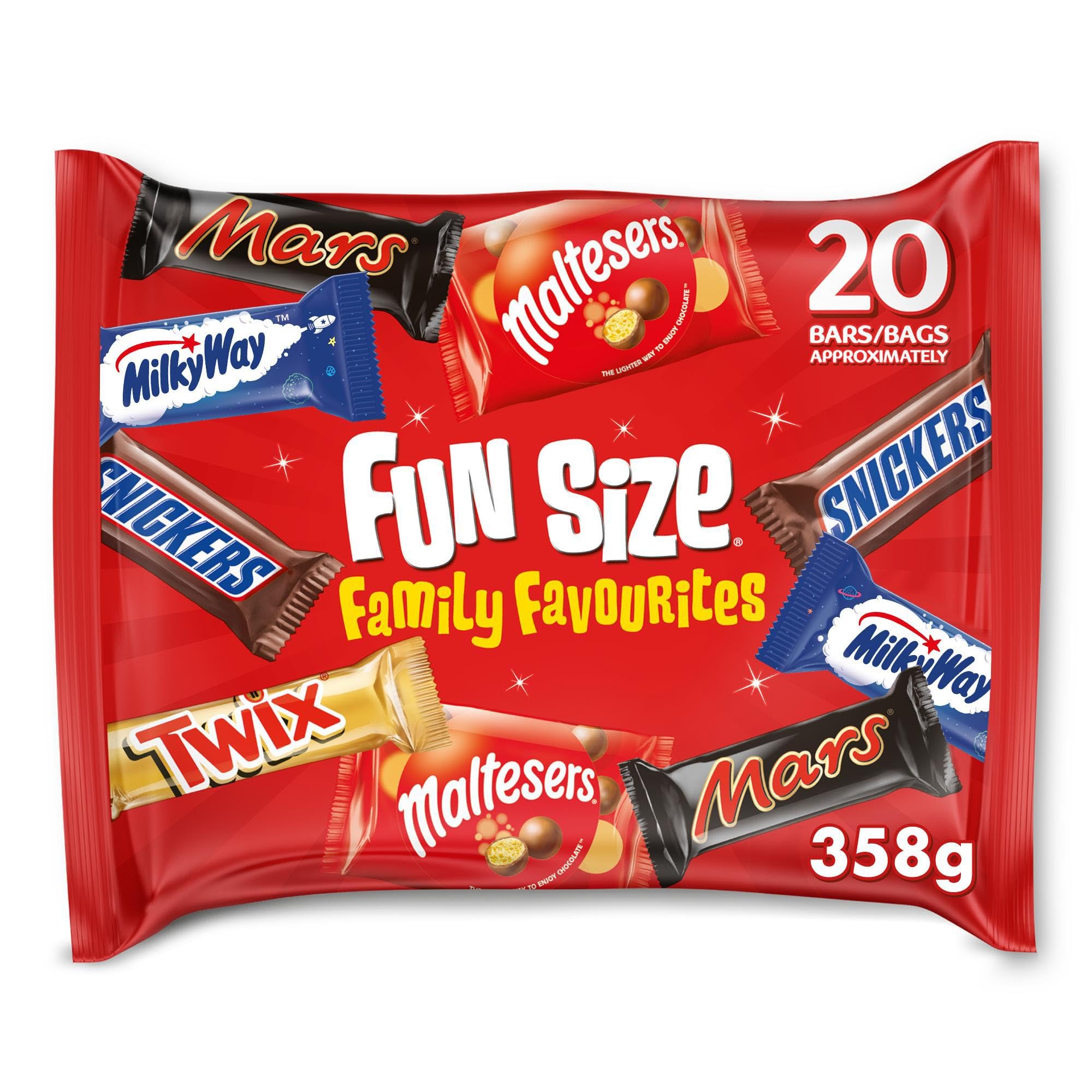 Mars Family Favourites Gemischte Schokoladen-Multipackung 358 g – 20 Riegel und Beutel in Fun-Size