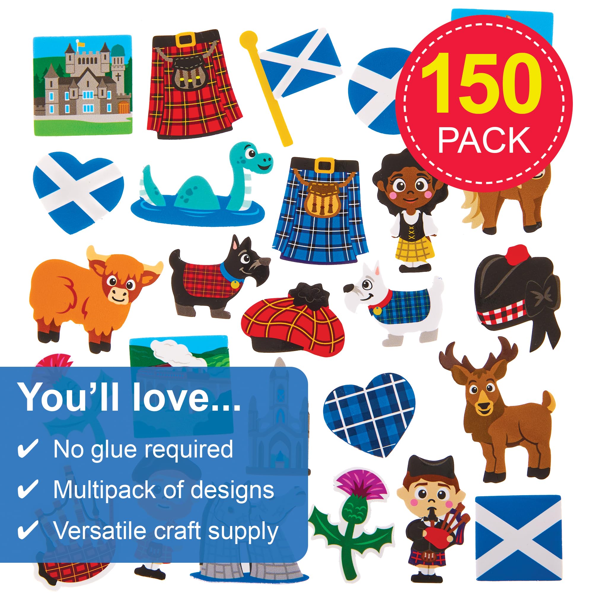Baker Ross FX991 Scotland Foam Stickers - Pack of 150, 3D Self-Adhesive Embellishments