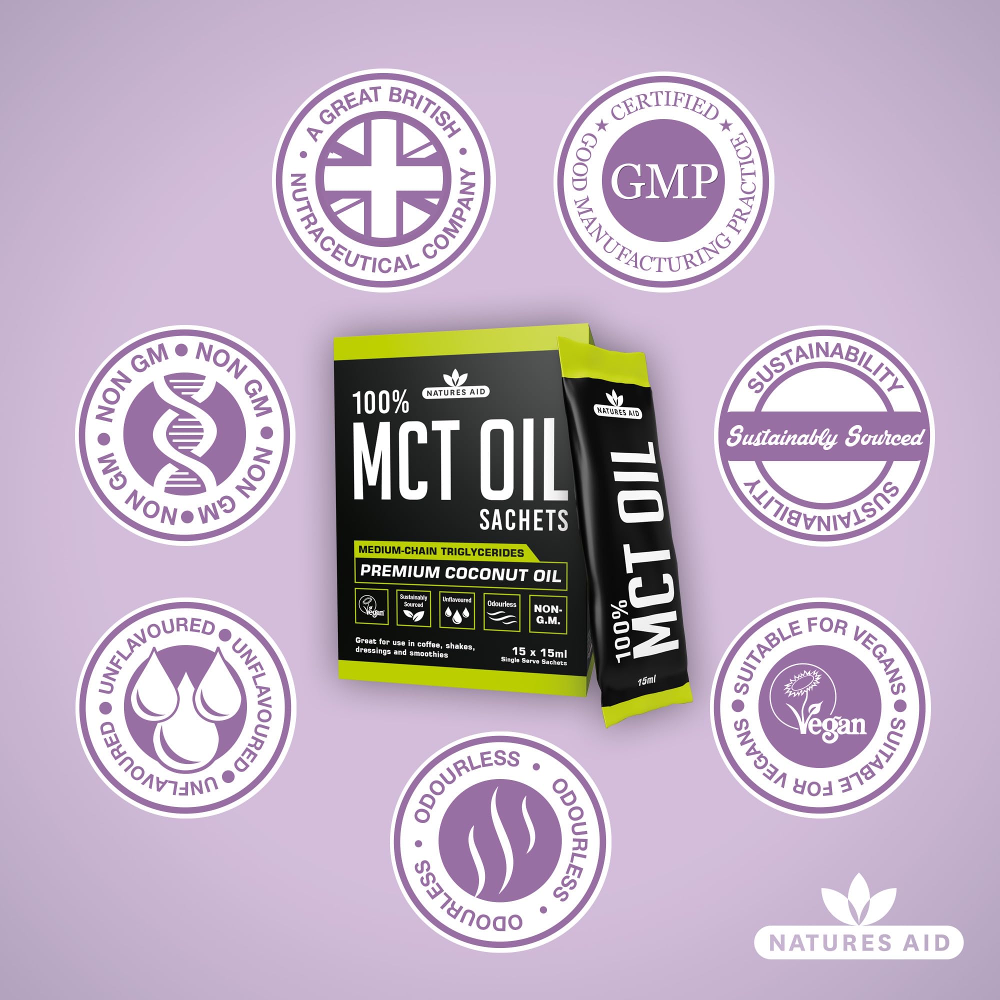 Natures Aid MCT Oil 15 x 15ml Sachets - 100% Pure Coconut Oil for Coffee, Smoothies, Shakes & Dressings - Vegan, Vegetarian, Sustainably Sourced 7