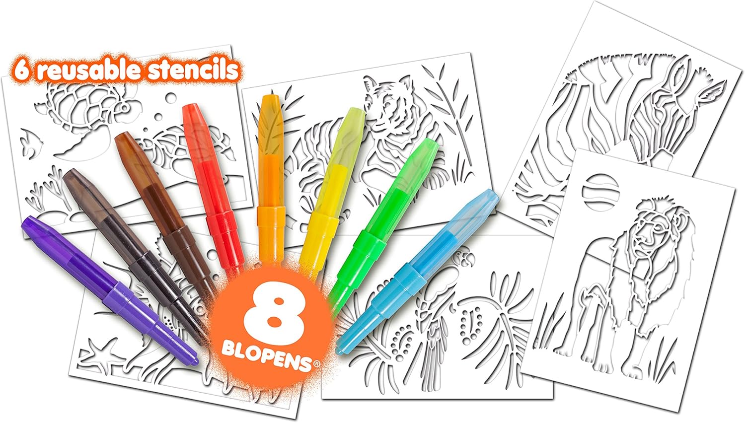 John Adams BLOPENS Animal Activity Set - 8 Colors & 6 Reusable Stencils for Airbrush Drawing 4
