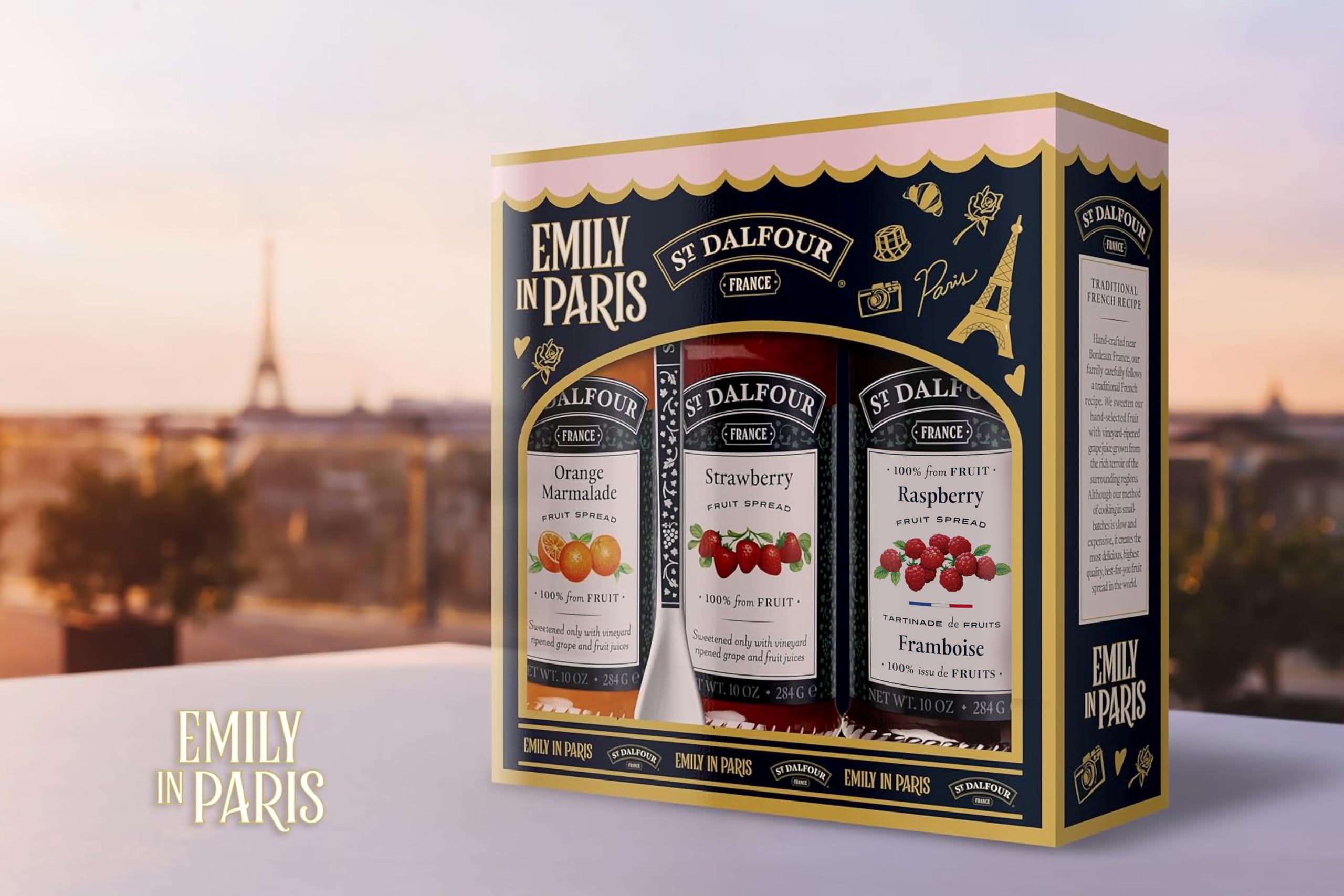 St Dalfour Emily in Paris Gift Set – 3 Gourmet Fruit Preserves with Ceramic Serving Spoon