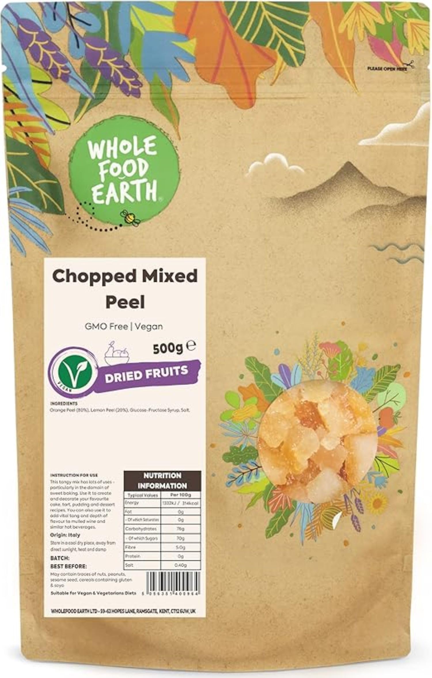 Wholefood Earth - Chopped Mixed Peel 500g | GMO Free | Vegan Friendly
