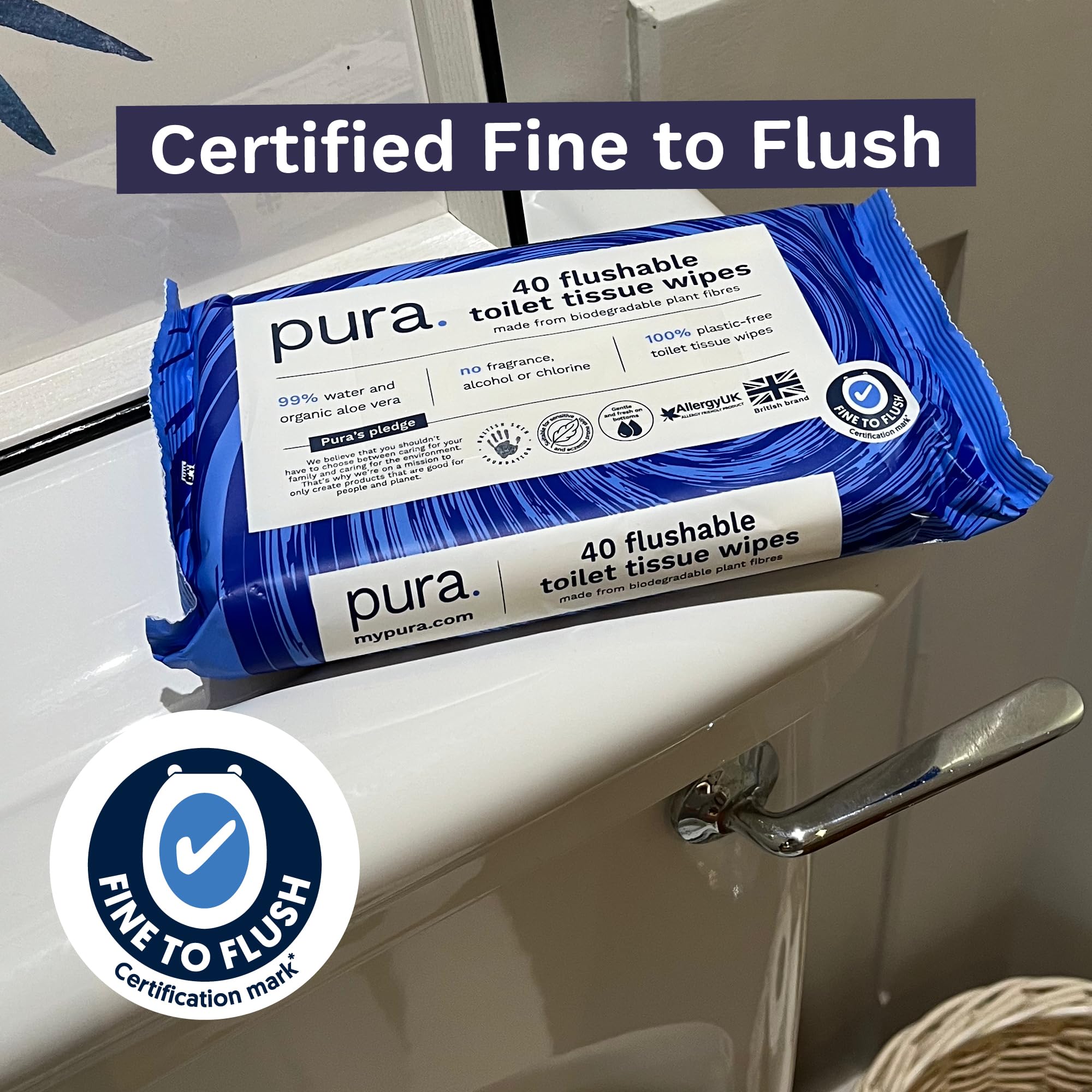 Pura – Feuchte Toilettentücher zum Abspülen, 100 % plastikfreie, biologisch abbaubare Feuchttücher (40 Stück) 7
