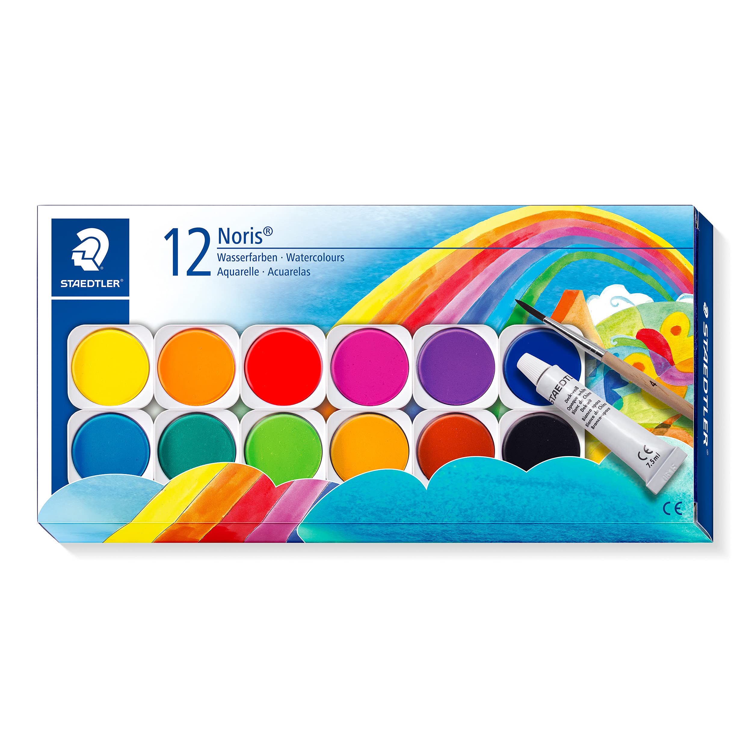STAEDTLER Noris Watercolour Paint Set - 12 Assorted Colours with Brush & Opaque White