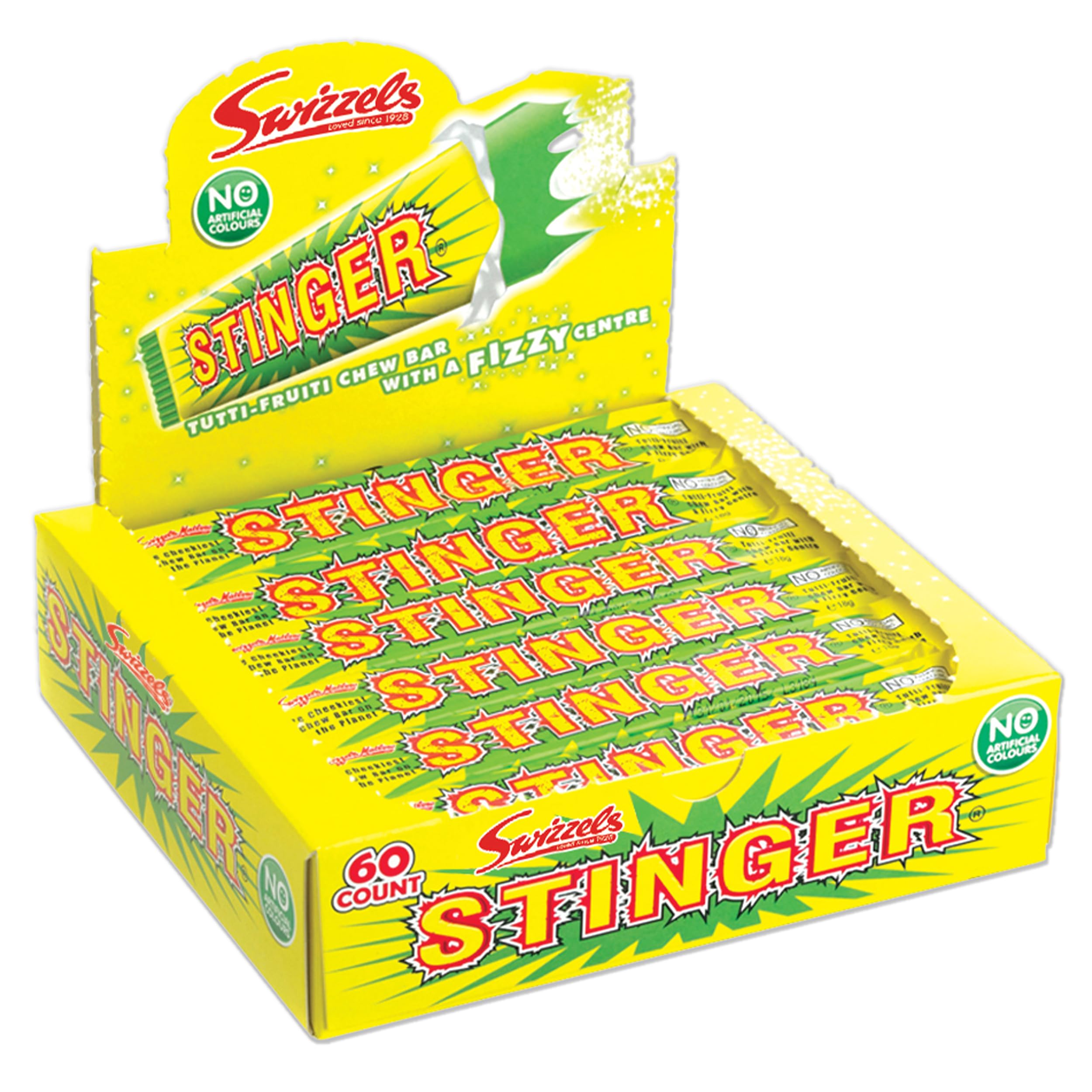 Swizzels Stinger Tutti Frutti Chew Bar Sweets – Vegane Kaubonbons mit Sprudelfüllung (60er-Packung)