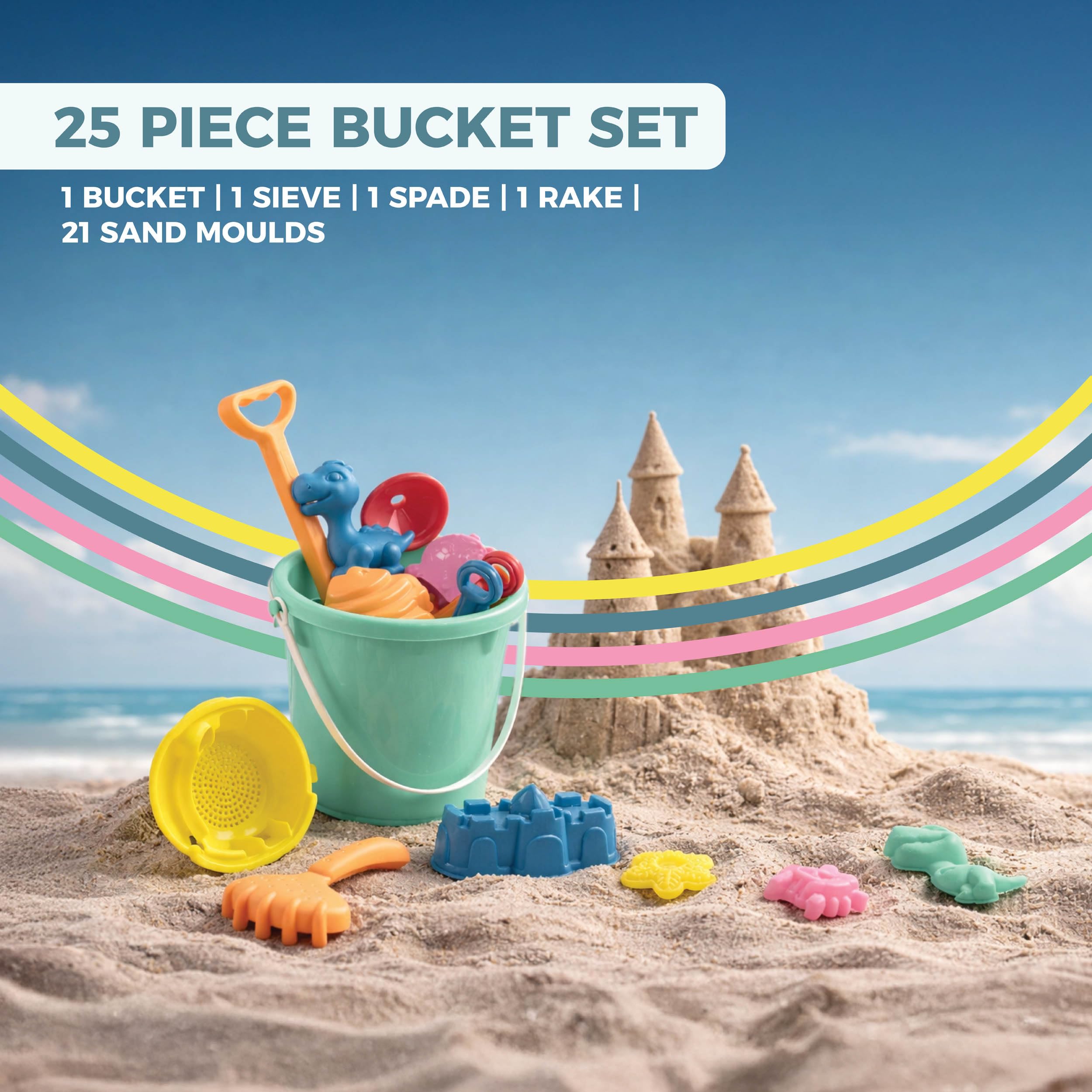 Mookie Activo 25 Piece Kids Beach Bucket and Spade Set with Moulds | Ages 18m+