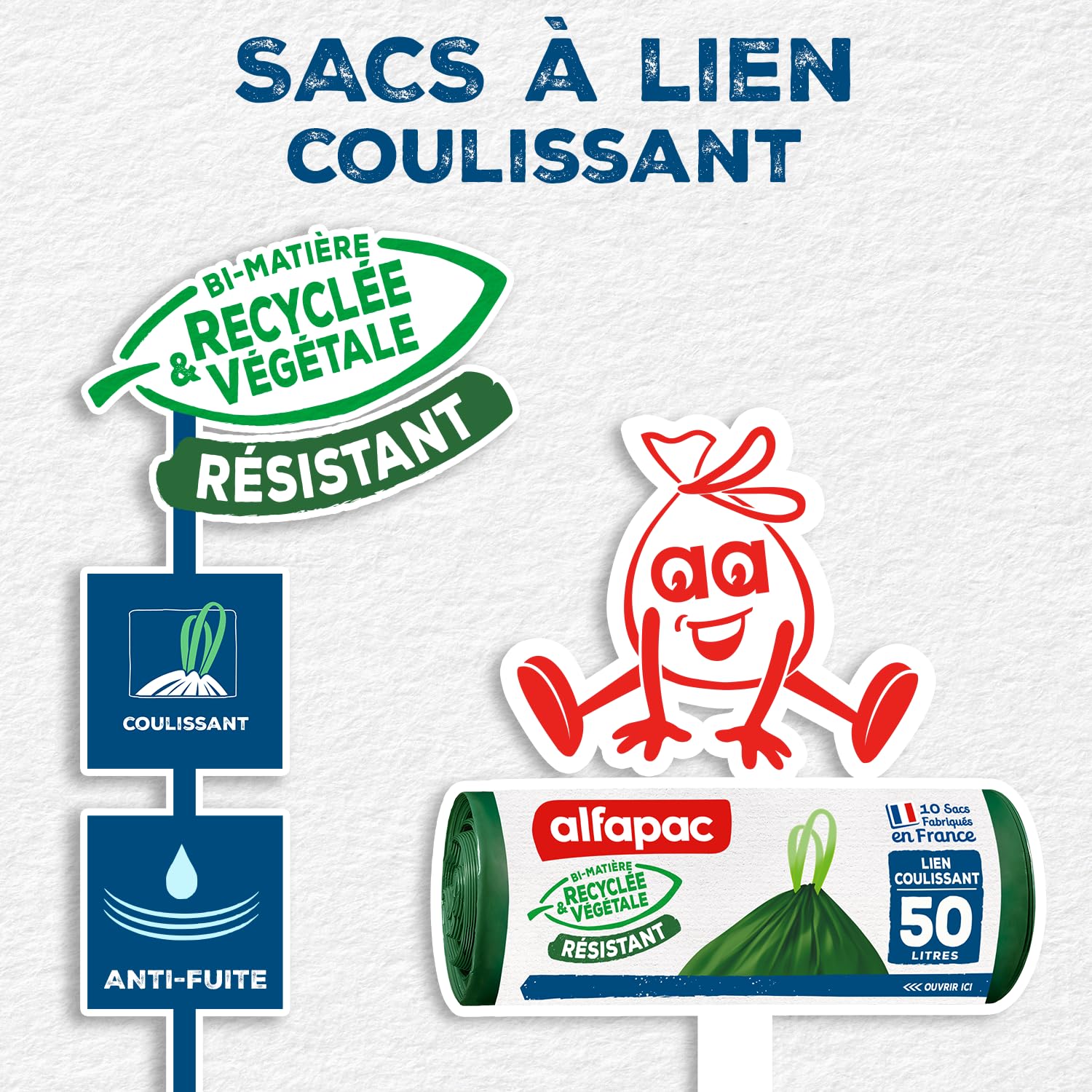 Alfapac 50L Bin Liners - 10 Bags with Strong Sliding Tie | Recycled & Vegetable Material
