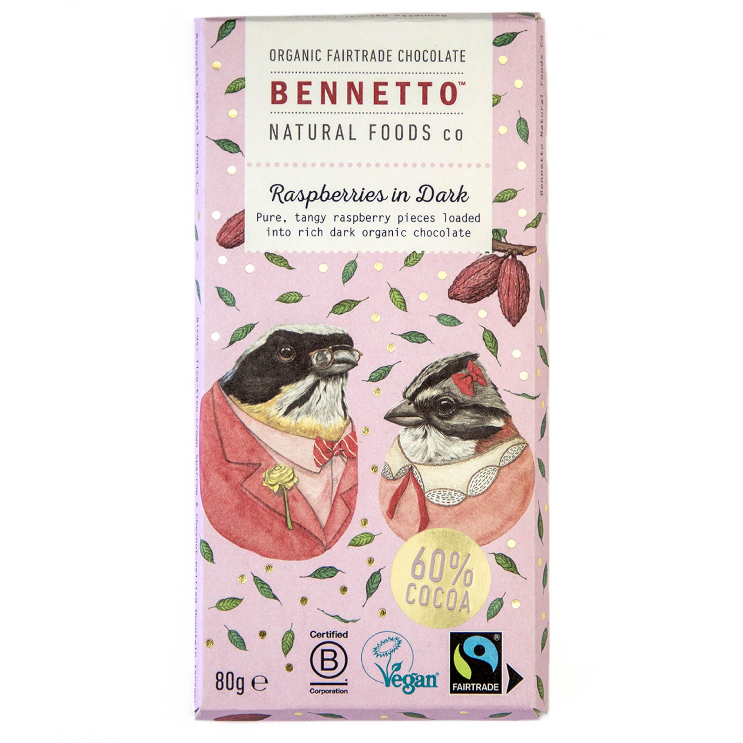 Bennetto Himbeeren in Zartbitterschokolade – 60% Kakao, Vegan, Glutenfrei, Fairtrade