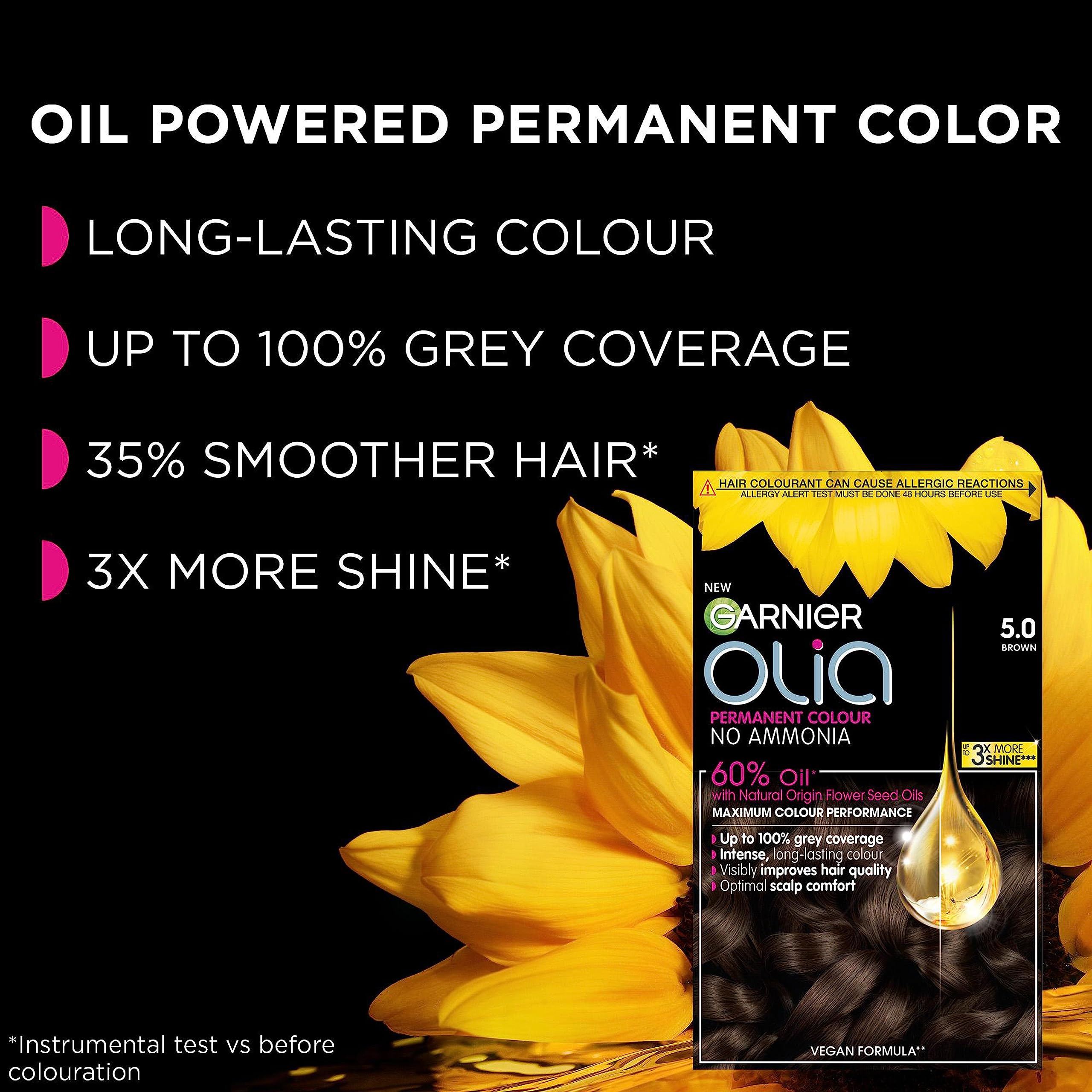 Garnier Olia 5.12 Iridescent Brown Permanent Hair Dye - 60% Oil Powered Formula, No Ammonia, Up to 100% Grey Coverage 7