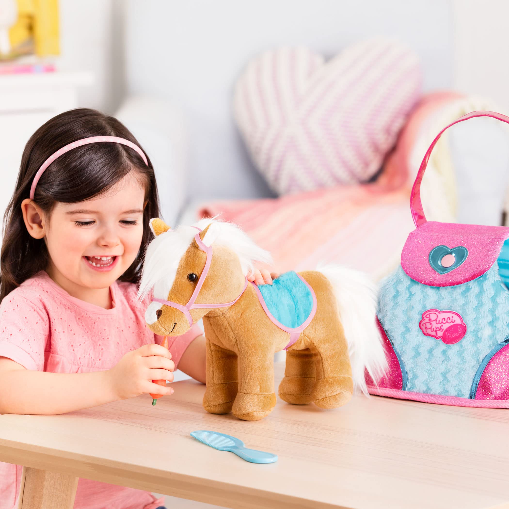 Pucci Pups Beige Horse with Blue Stripes and Pink Pony Bag 16