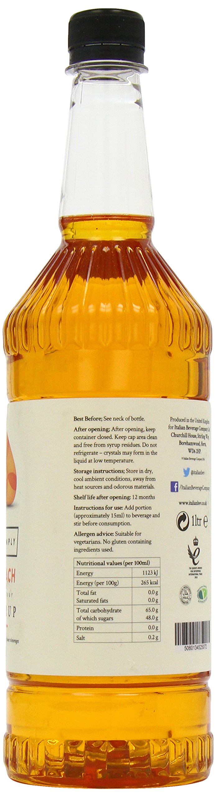 Simply Peach Syrup - Vegan & Nut Free Flavoured Syrup for Coffee and Cocktails | 1L