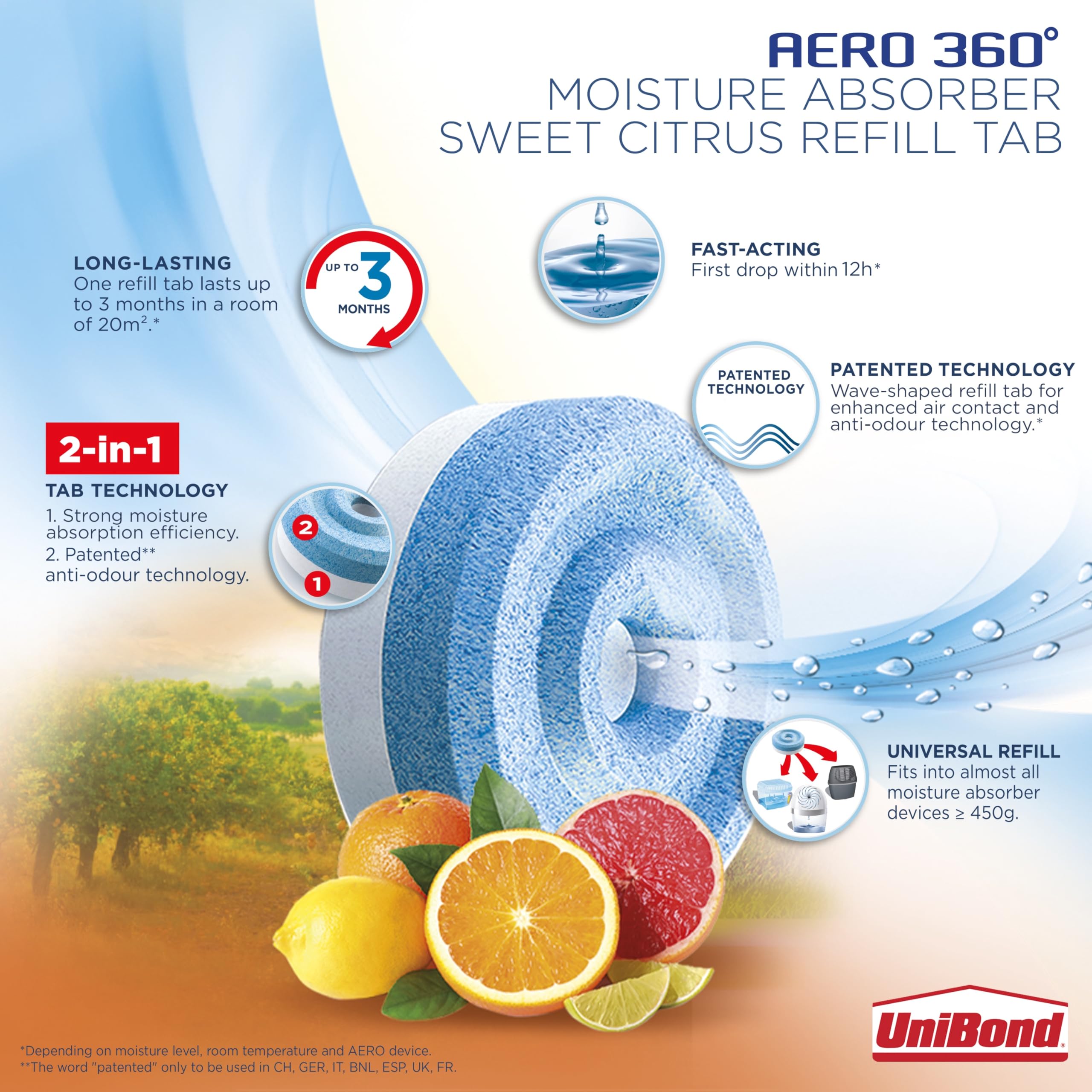 Unibond AERO 360° Moisture Absorber Refill Tab - Citrus Scent | 2 x 450g Tabs