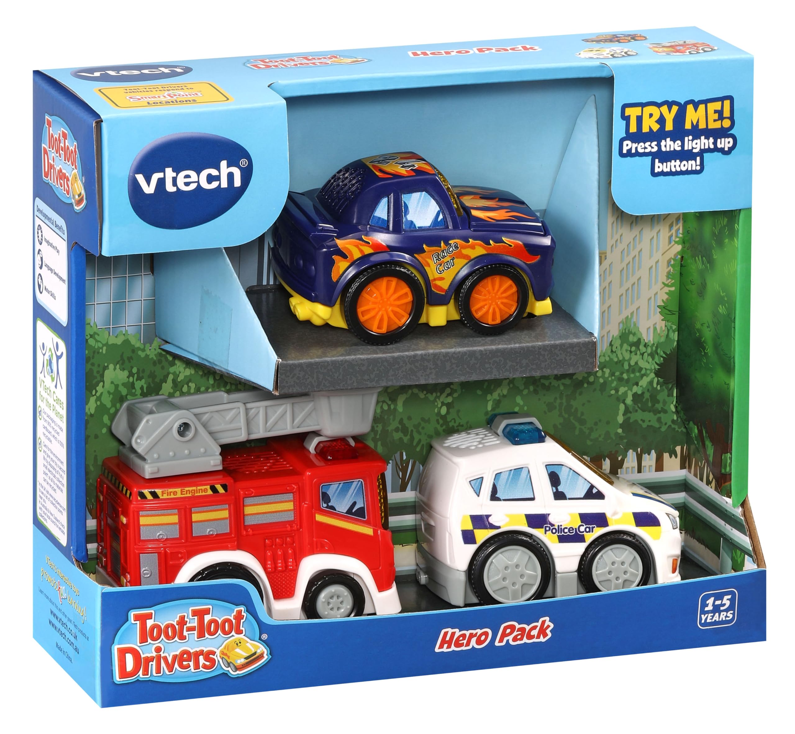 VTech Toot-Toot Drivers 3 Car Pack - Fire Engine, Police Car & Racer with Lights, Sounds & Songs 3