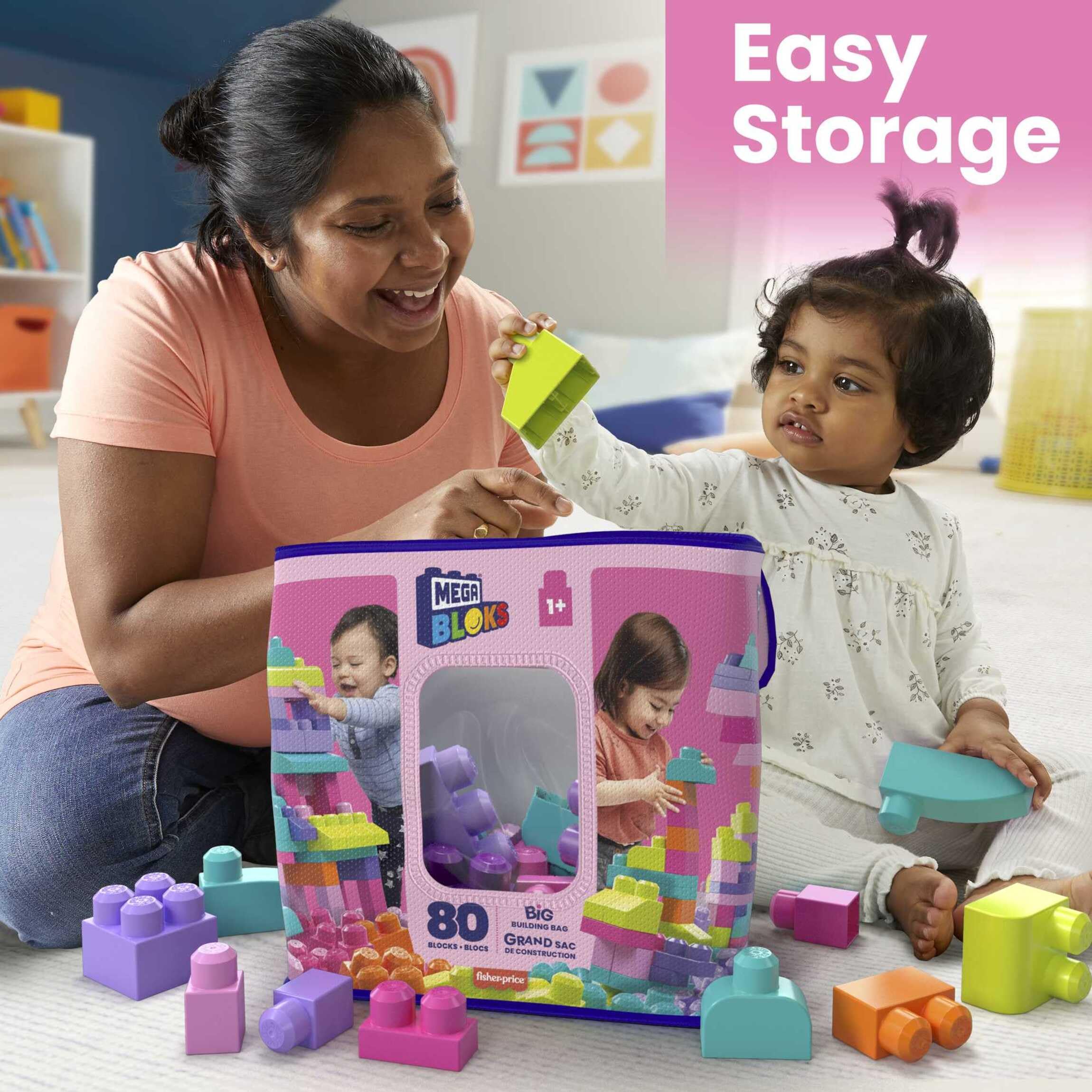 Mega Bloks First Builders Big Building Bag - 80-Piece Pink Building Set for Toddlers 12