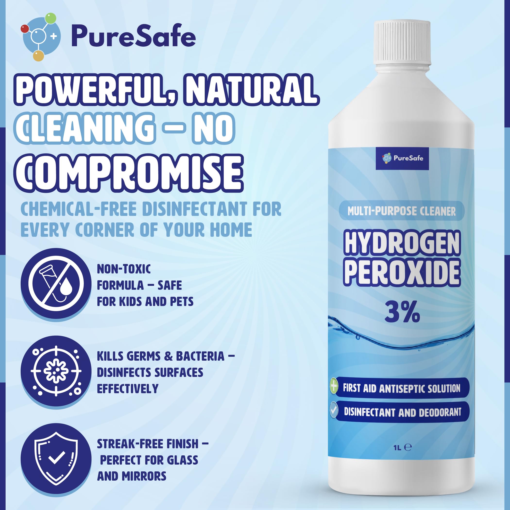 Pure Safe - Wasserstoffperoxid 3% Lösung 1 Ltr – Mehrzweck-Haushaltsreiniger 6