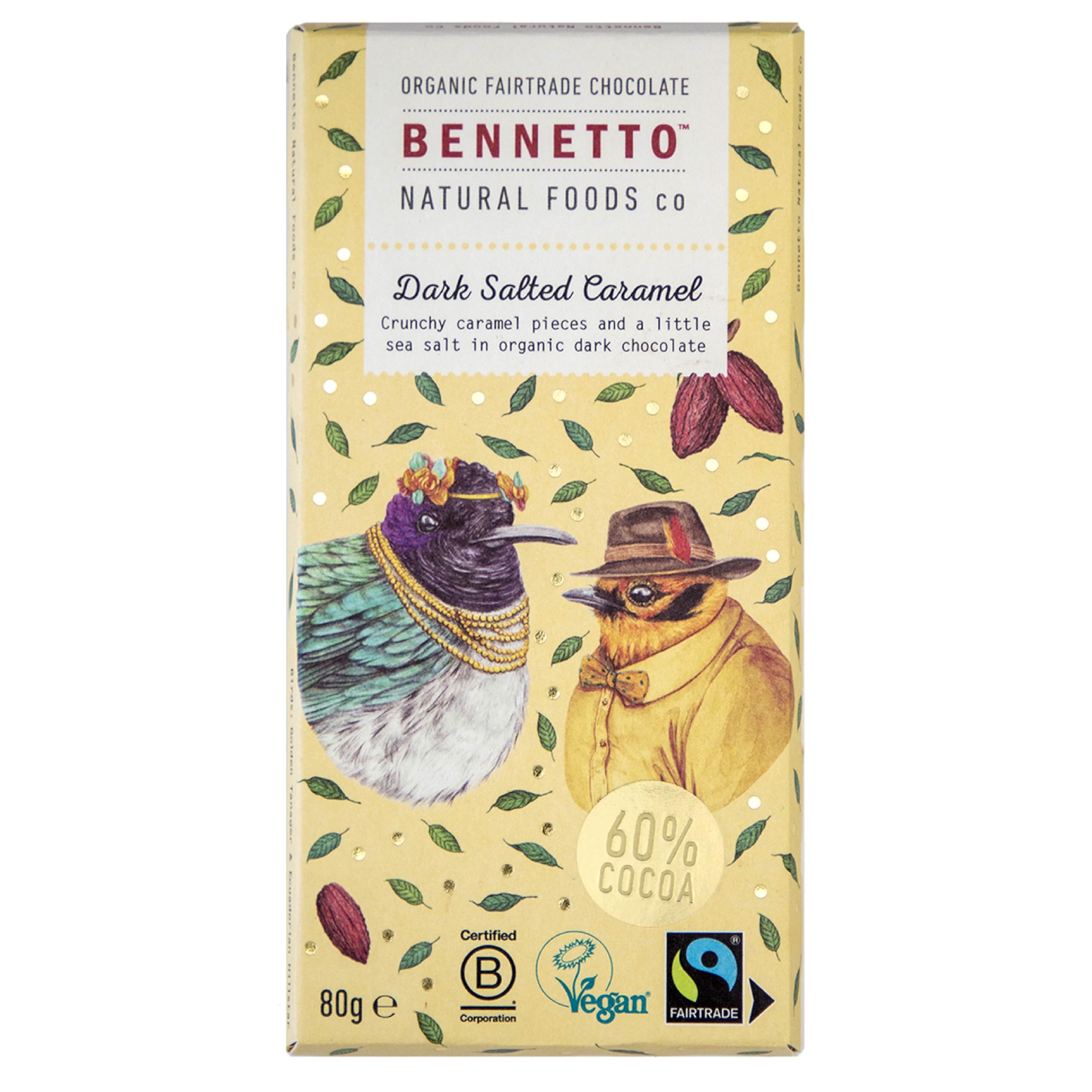 Bennetto Dark Salted Caramel Chocolate Bar - Organic Fairtrade Vegan Dark Chocolate with Sea Salt, 80g
