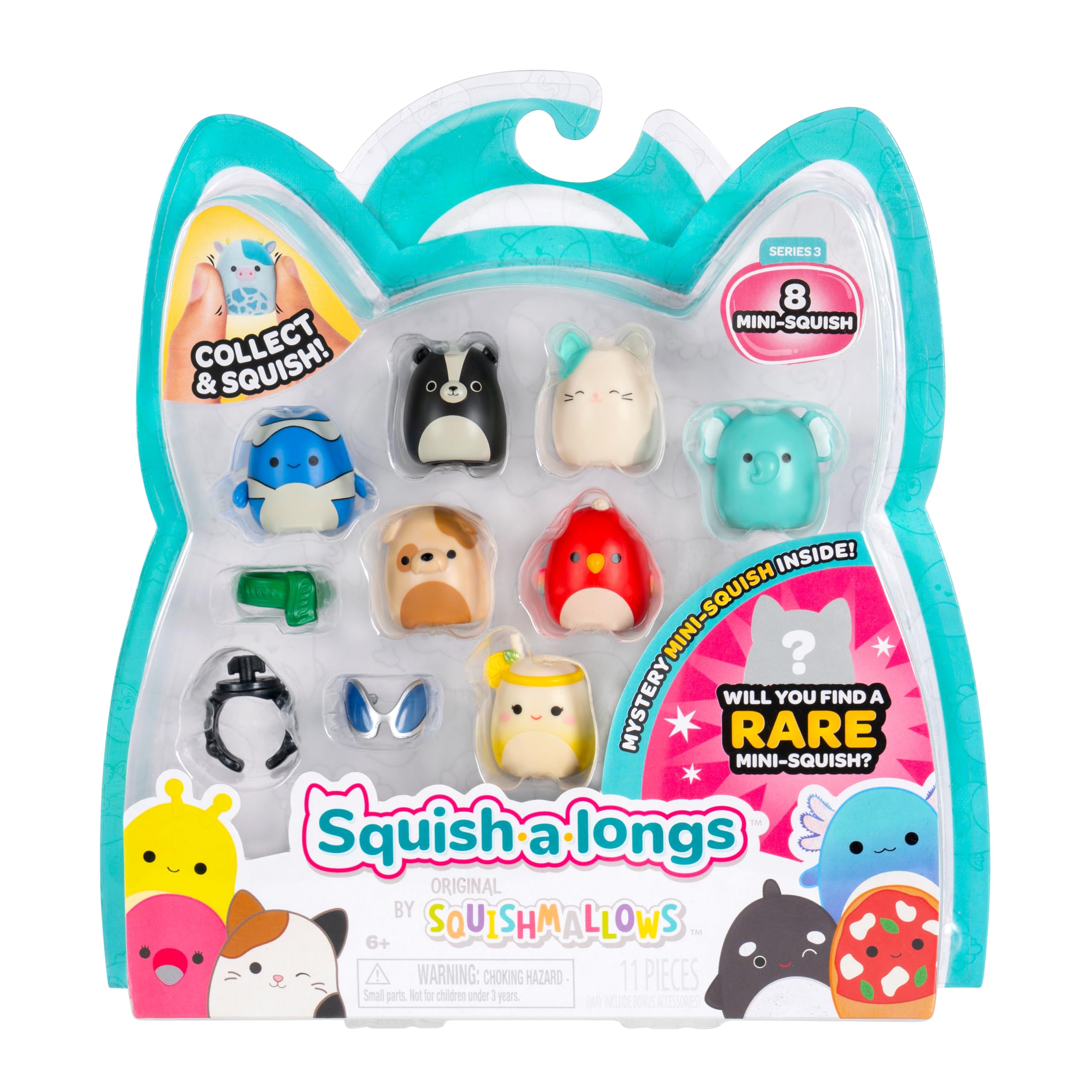 Squish-a-longs Mini-Squish 8-Pack - Clownfish, Elephant, Skunk, Bulldog, Parrot, Cat, Slushy & Mystery Figure