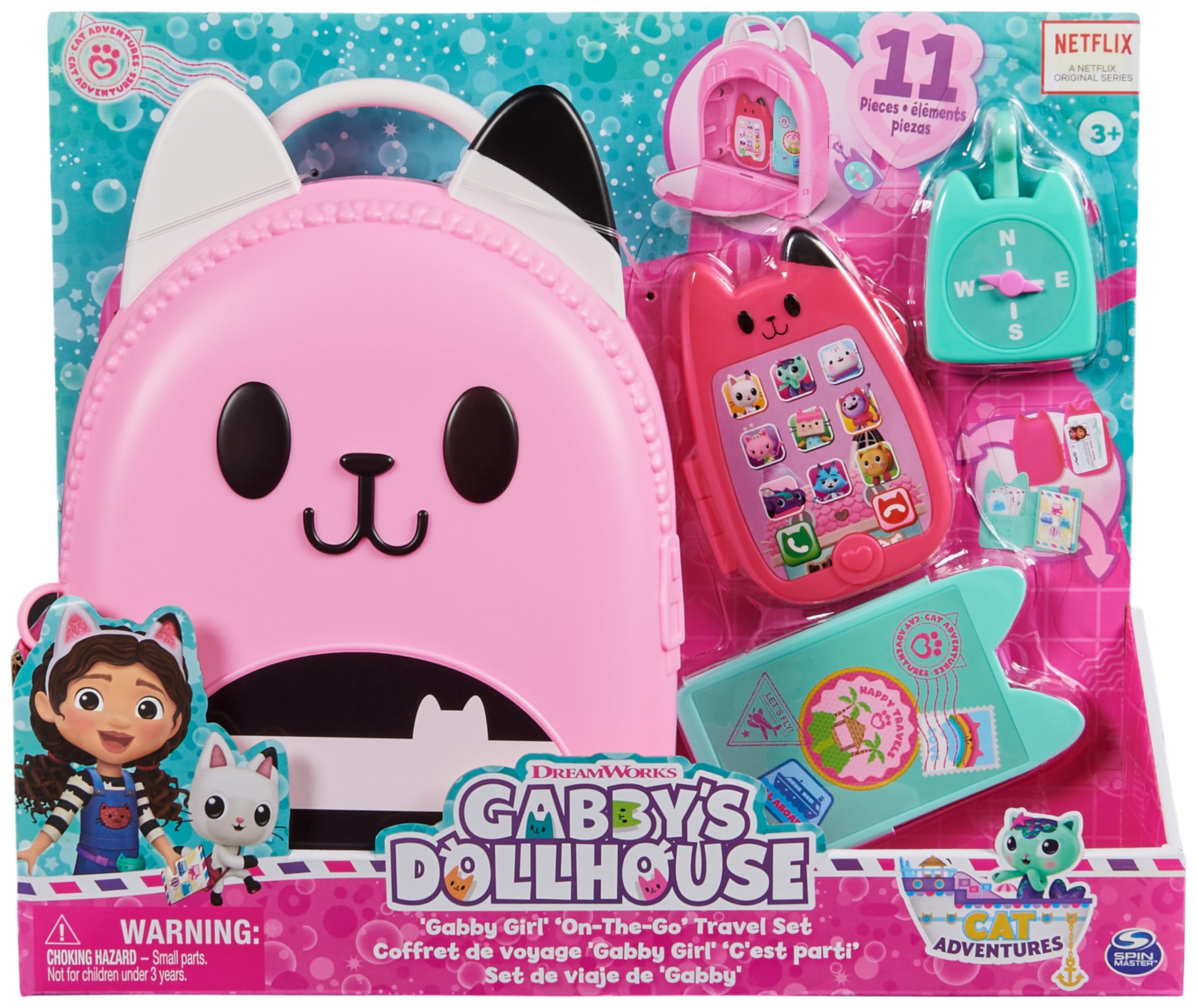 Gabby's Dollhouse Gabby Girl On-The-Go Travel Set Pretend-Play Toy Set with Phone, Passport & Compass 7