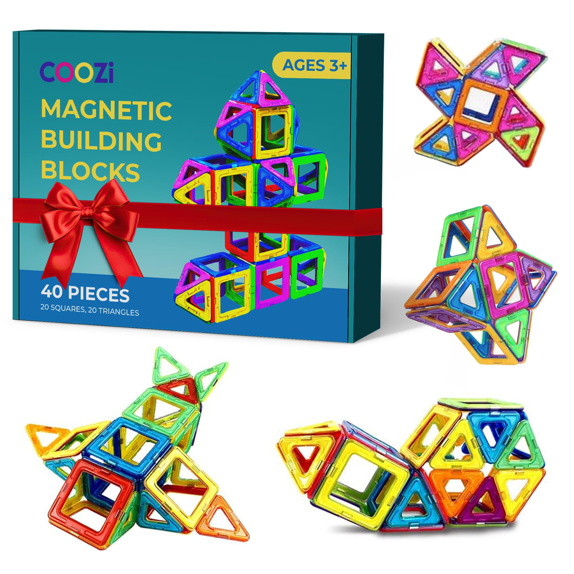 COOZI Magnetic Tiles for Kids - 40pc STEM Magnetic Building Blocks Set for Ages 3+