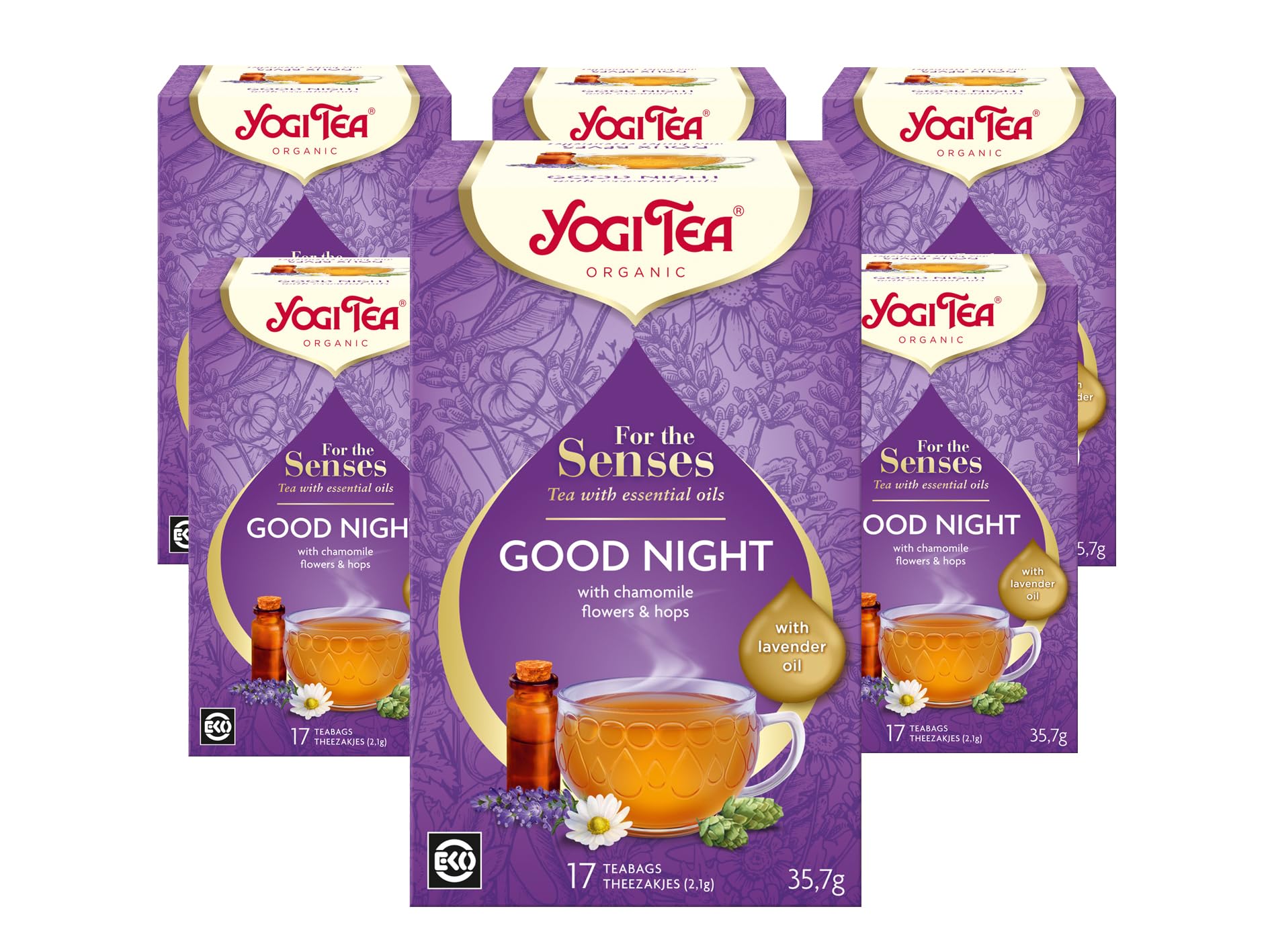 YOGI TEA - Good Night Organic Herbal Tea with Essential Oils, Blend of Lavender, Chamomile & Hops, Pack of 6 x 17 Bags