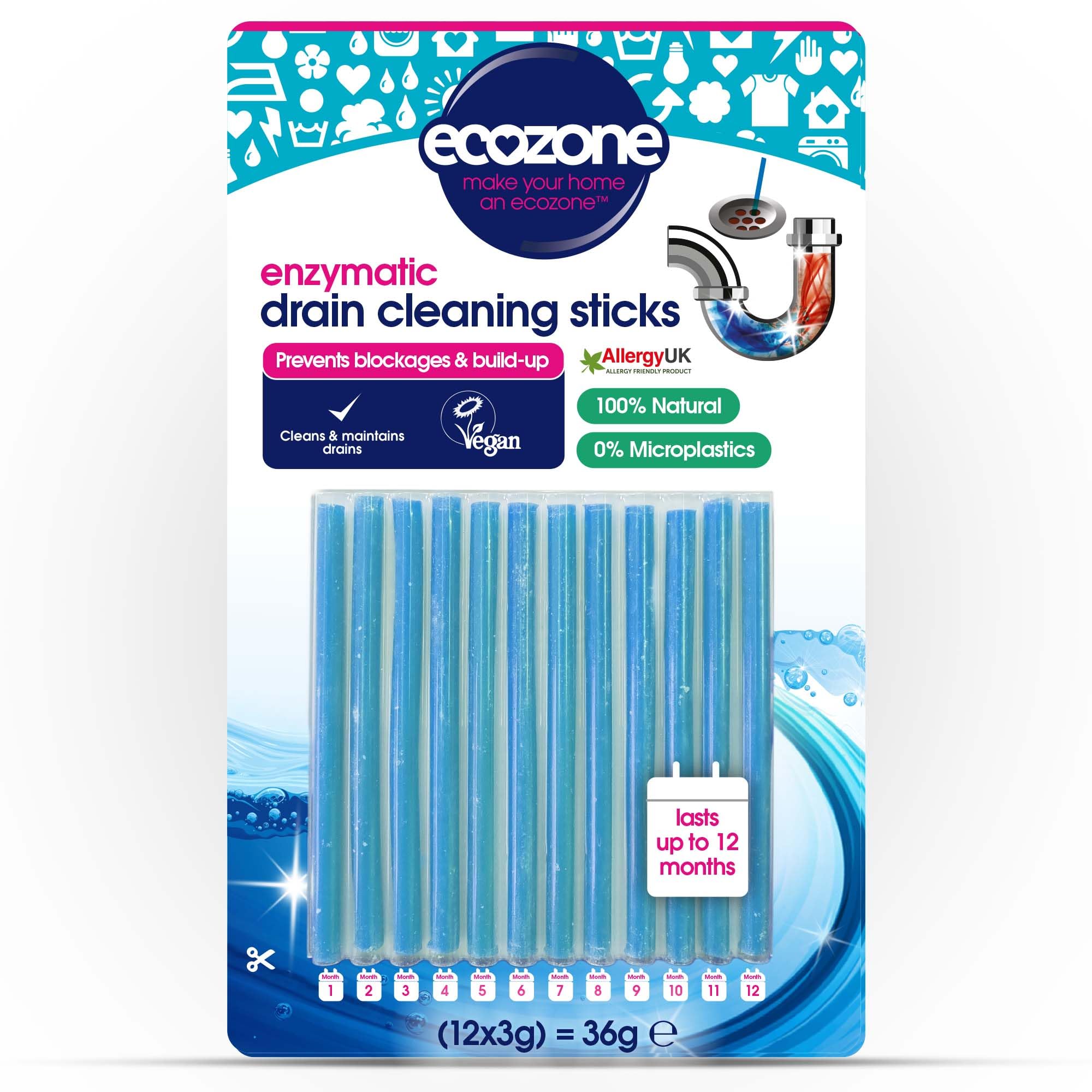Ecozone Enzymatic Drain Sticks - Breaks Down Soap Scum & Organic Matter | 12 Pack