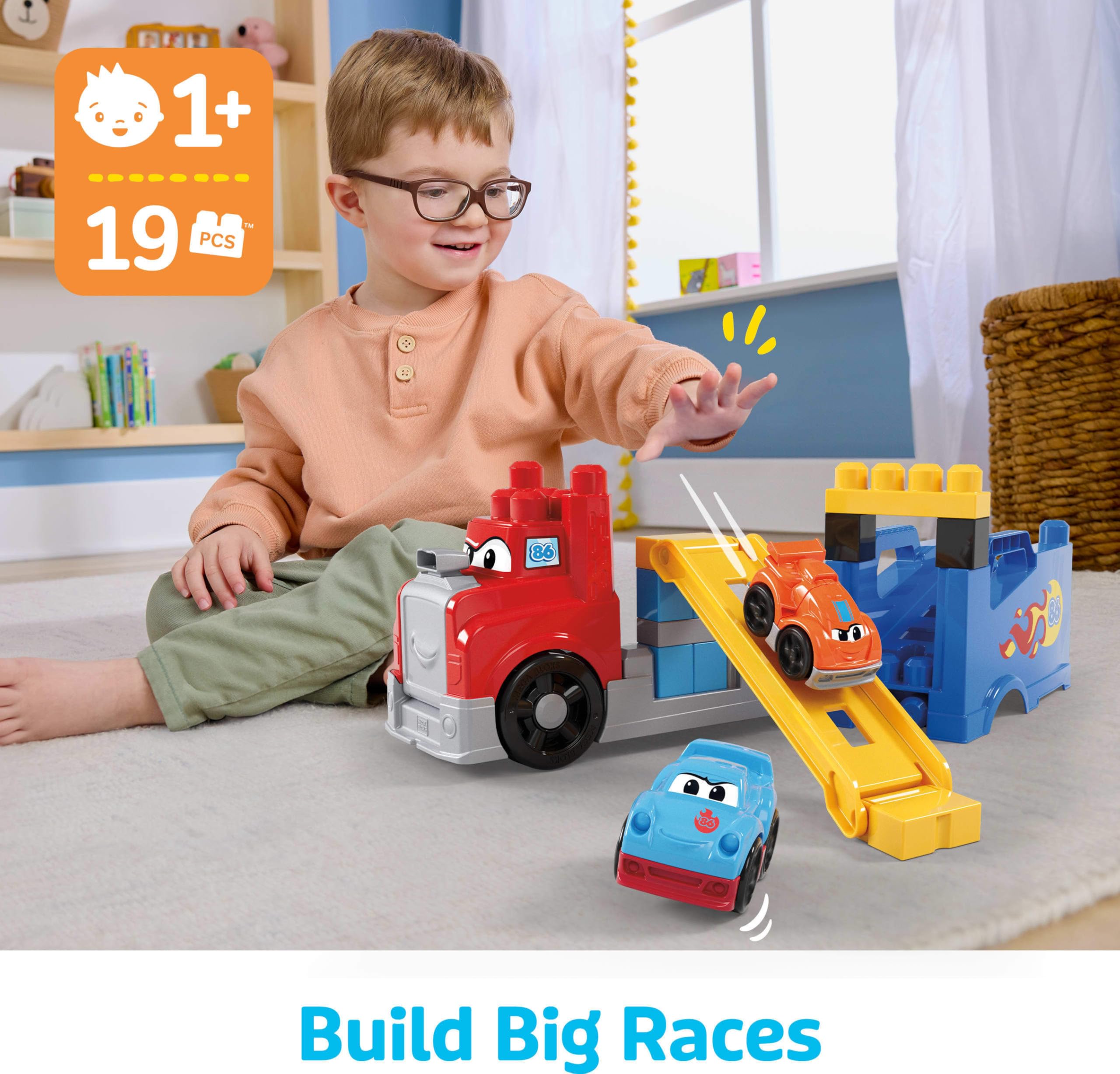 MEGA BLOKS First Builders Build & Race Rig - 19-Piece Toddler Building Set with Race Cars 6
