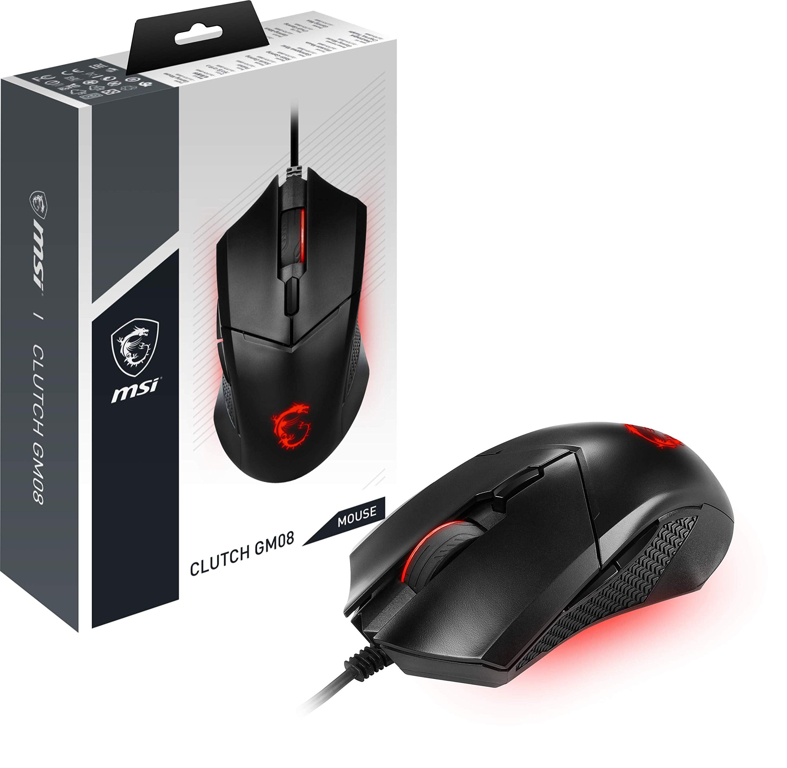 MSI Clutch GM08 Gaming Mouse - 4200 DPI Optical Sensor, Adjustable Weight, 6-Button Symmetrical Design, Red LED, 92g - Wired 6