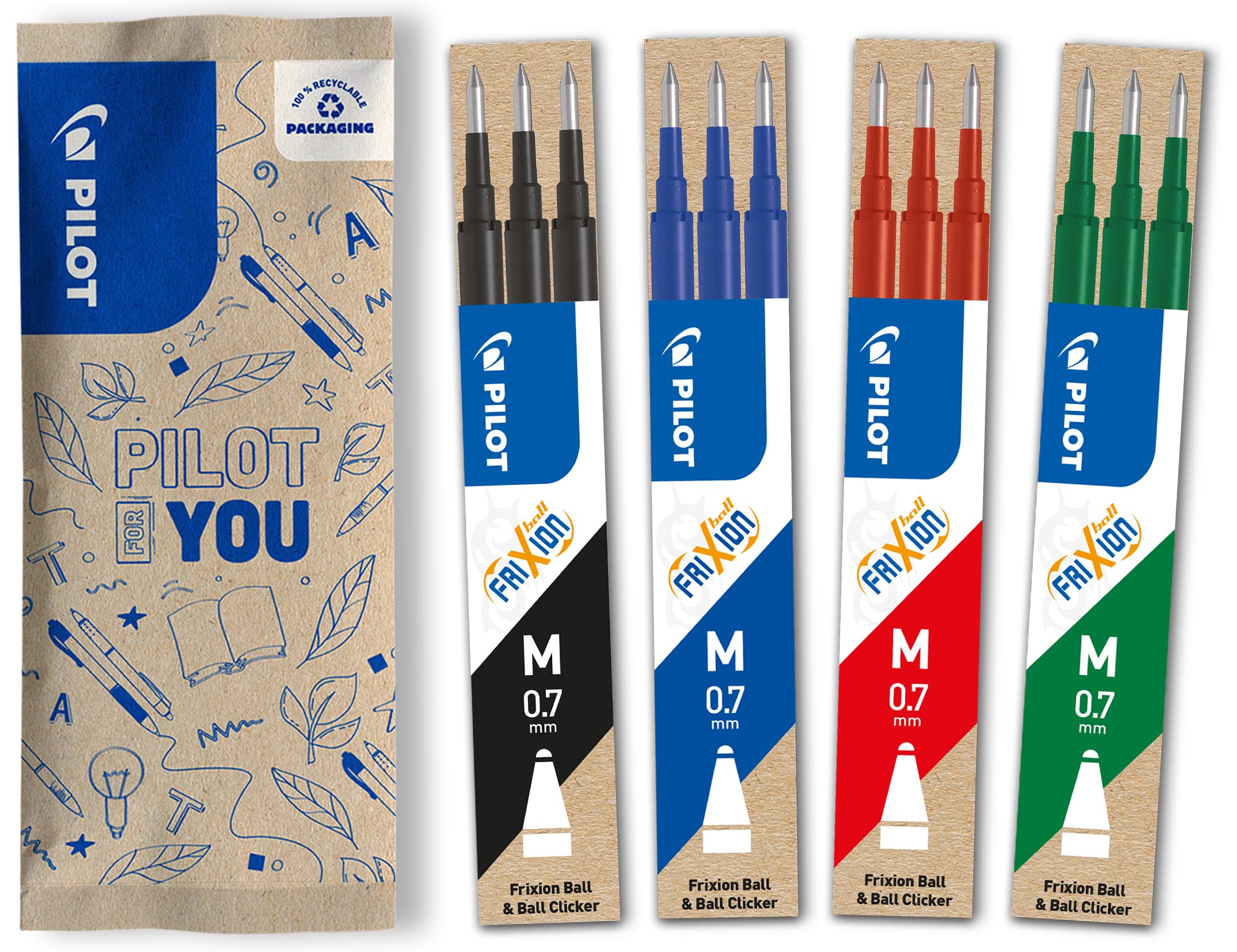 PILOT FriXion Erasable Rollerball Pen Refills 0.7mm (0.4mm Line) - 4 Sets of 3 (Blue, Black, Red, Green) 1