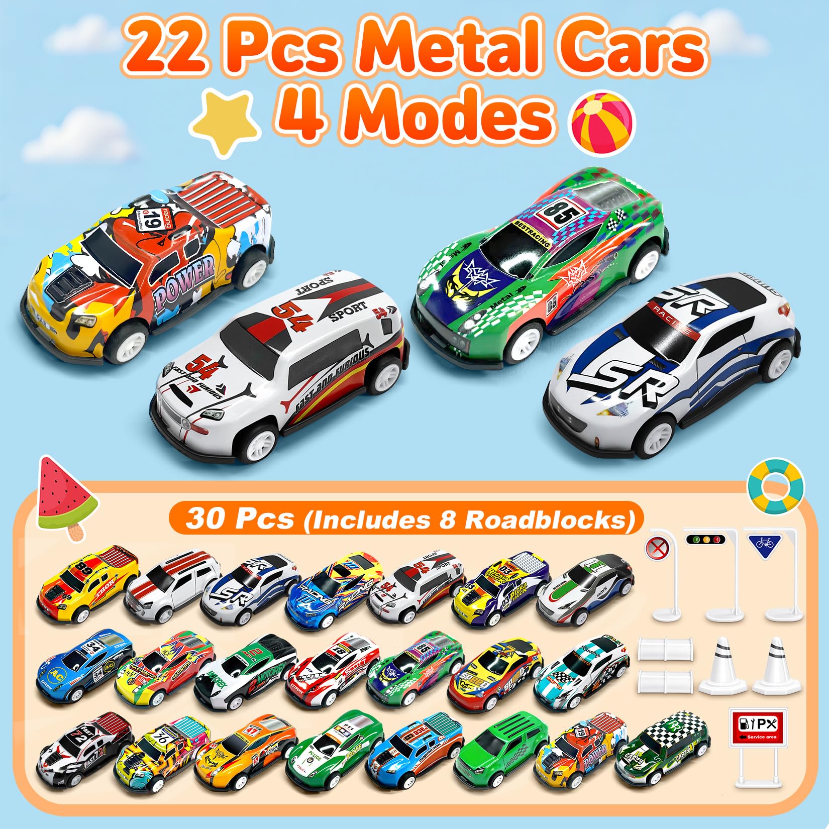 TOYABI 22Pc Metal Shell Pull-Back Race Car Set with 8 Roadblocks for Kids | Ages 3+ 4