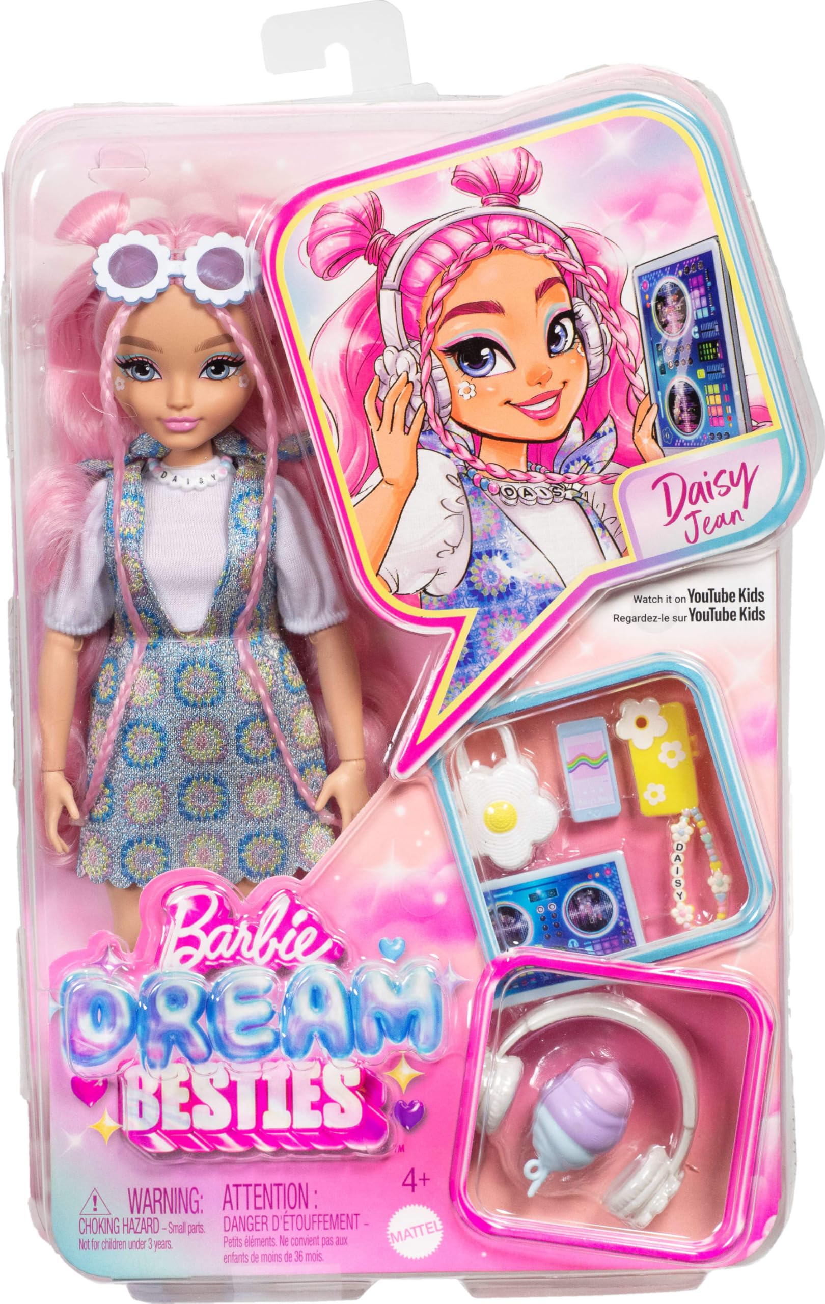 Barbie Dream Besties Daisy Jean Doll & Music Playset - Posable Fashion Doll with 9 Accessories, Pink Wavy Hair, Ages 4+ 4