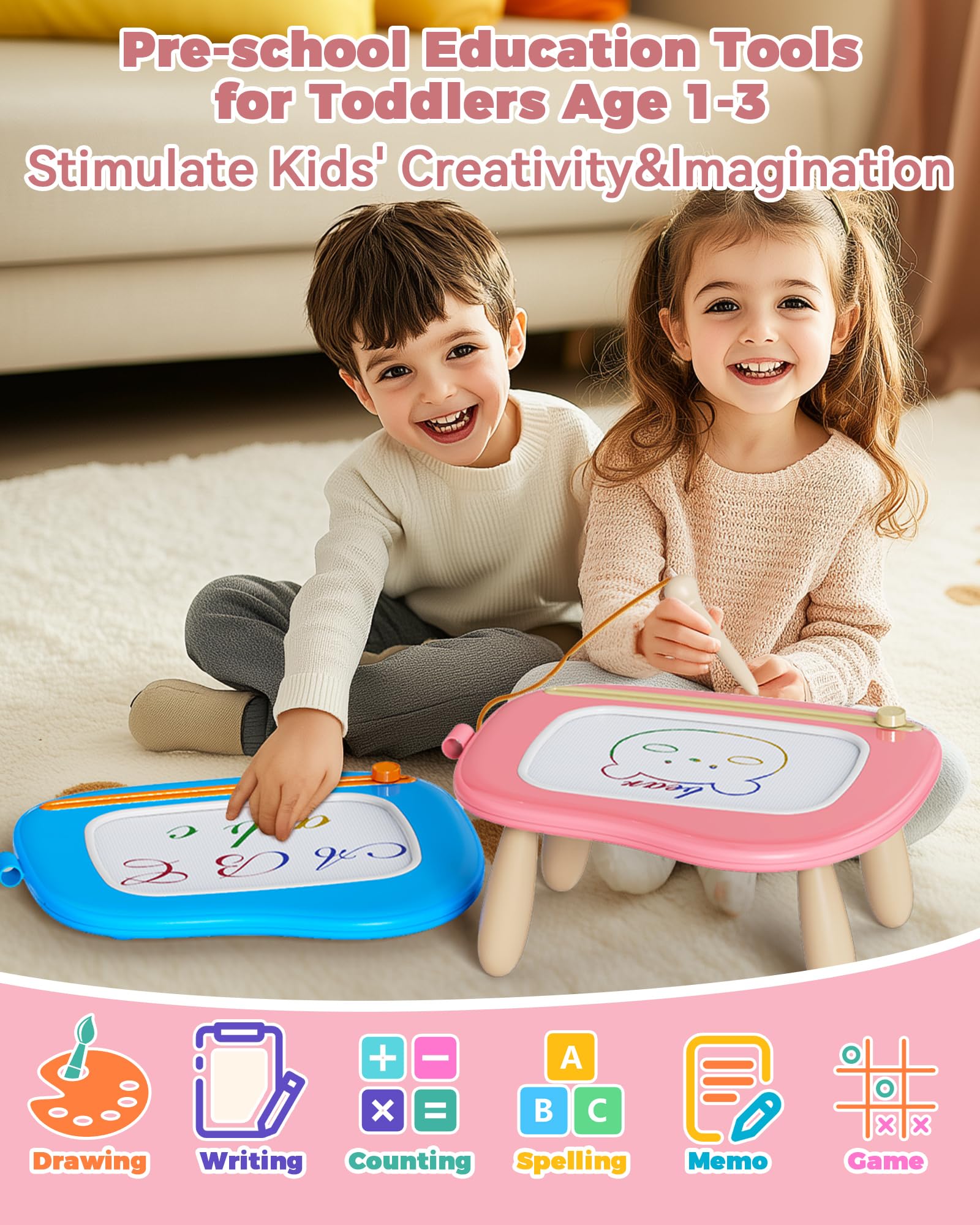 KOKODI Magnetic Drawing Board - 4 Color Zones | Adjustable Height | Pink | Ages 1-3 5