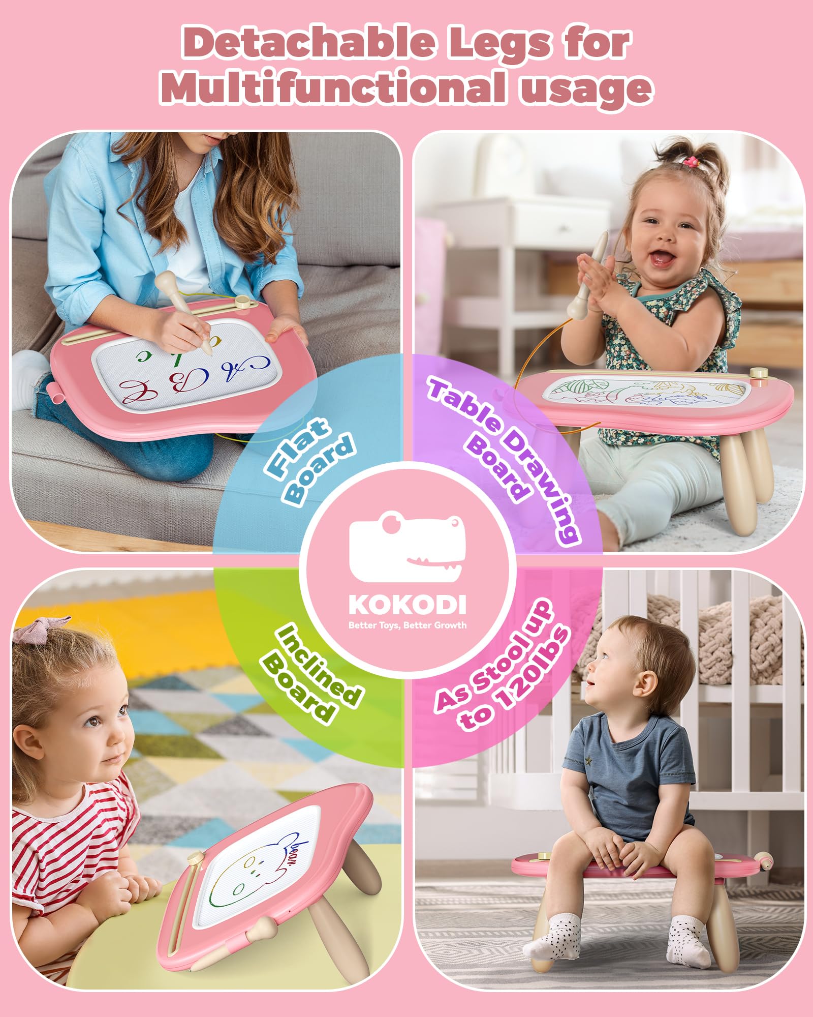 KOKODI Magnetic Drawing Board - 4 Color Zones | Adjustable Height | Pink | Ages 1-3 3