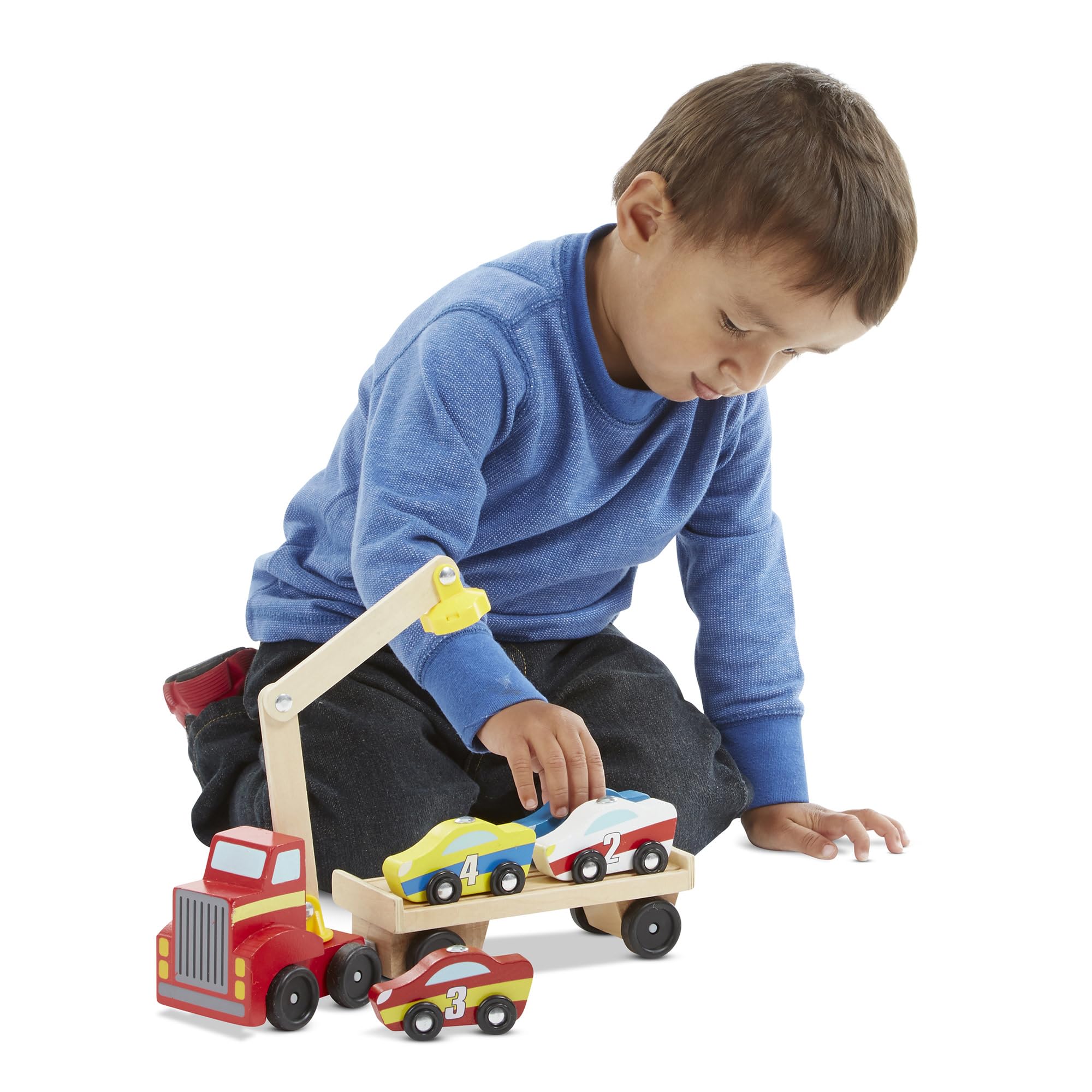 Melissa & Doug Magnetic Car Loader Wooden Truck Set | Ages 3+ | Includes Truck, Trailer, and 4 Magnetic Cars 8