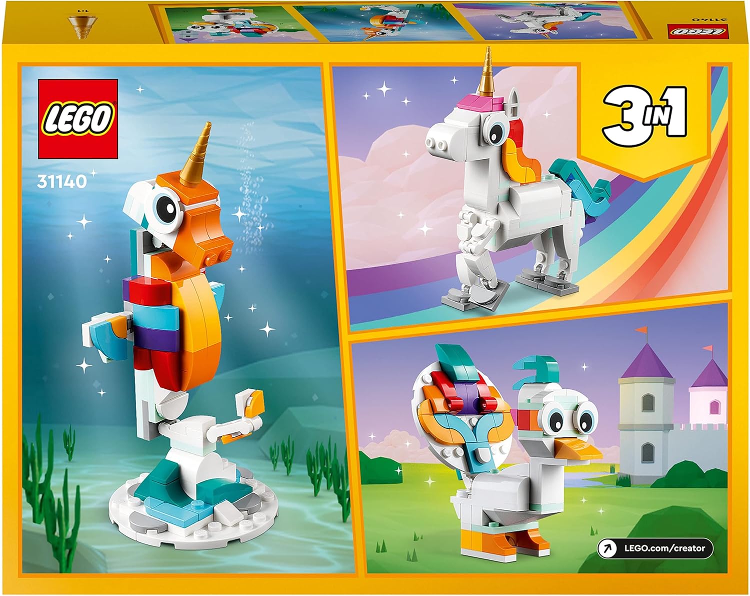 LEGO Creator 3 in 1 Magical Unicorn Toy - Rebuildable Seahorse & Peacock Set for Kids 7+ 9