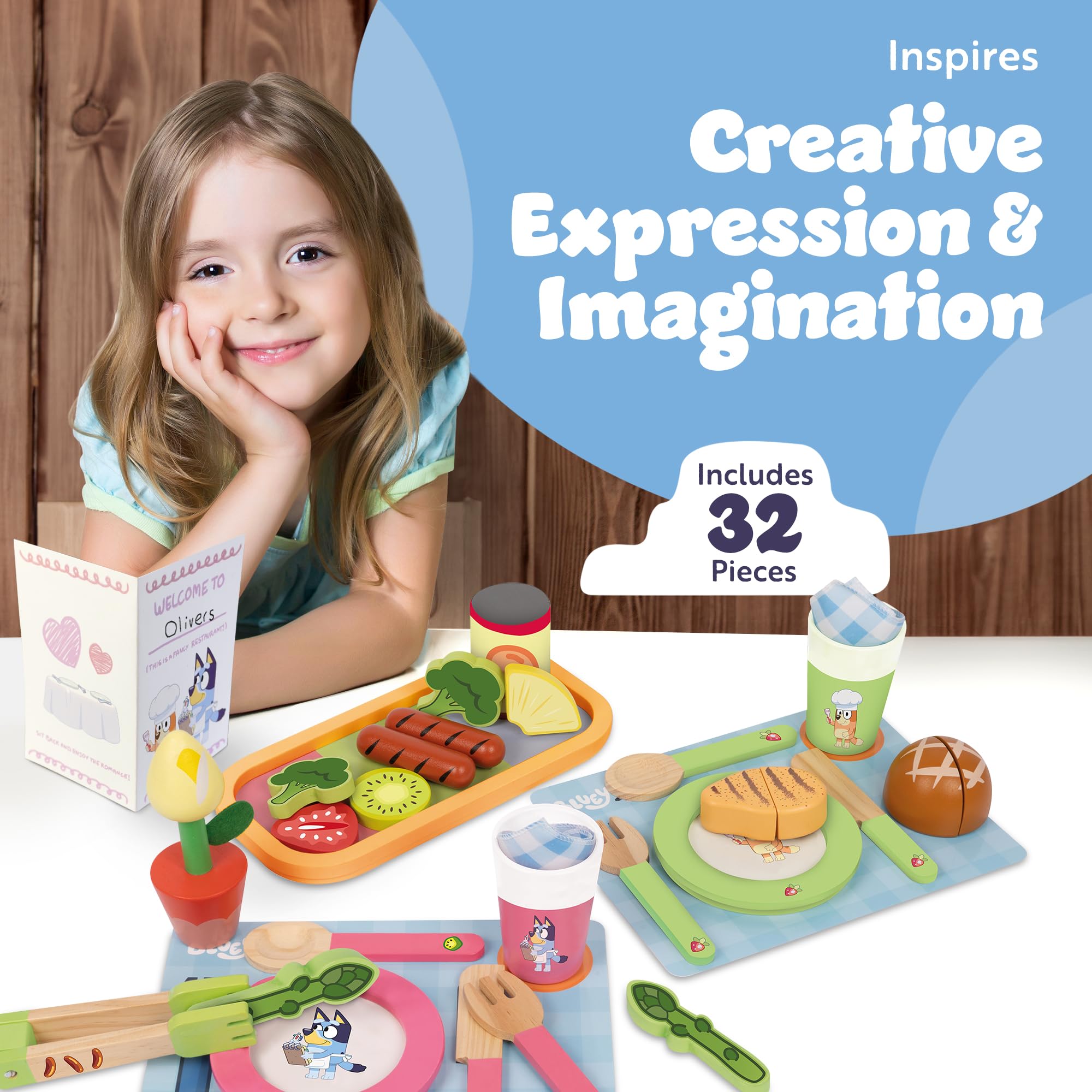 BLUEY - Dine In with Bluey 32-Piece Wooden Toy Playset for Kids 8