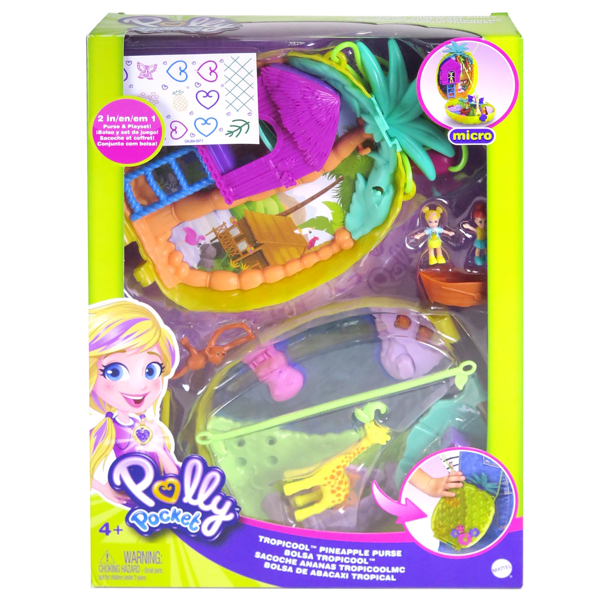 Polly Pocket Micro Tropical Pineapple Purse - 2-in-1 Playset with Safari Adventure, 2 Dolls & Stickers, Ages 4+ 6