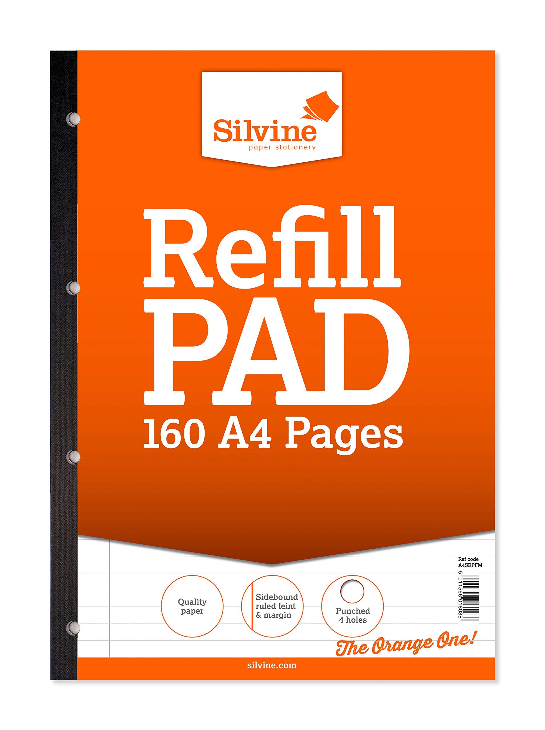 Silvine 160 Page A4 Refill Pad, Side Bound and Punched 4 Holes. Ruled 8mm Feint with Margin. Ref A4SRPFM, Single, White